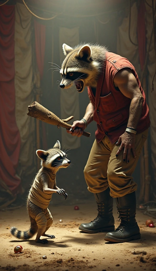 Undertaker haciéndole una tombstone piledriver a rocket raccoon, de marvel, en un ring
