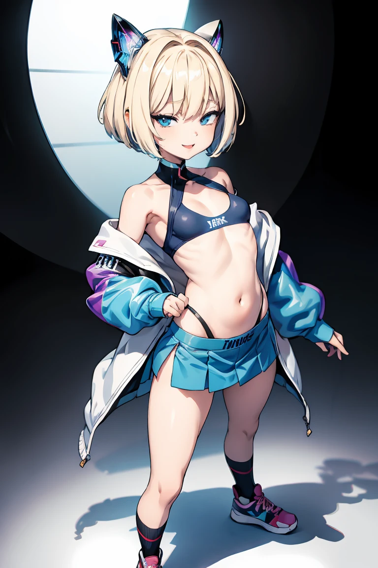 top-quality, Full limbs, complete fingers, Slender beauty, 1 persons, Small eyes, embarassed expression, white school swim suit, knee high, Bery short hair, hime-cut,BREAK,Ultra-detailed,High resolution,super detailed skin,8k eye details, (Cute illustration:1.2),