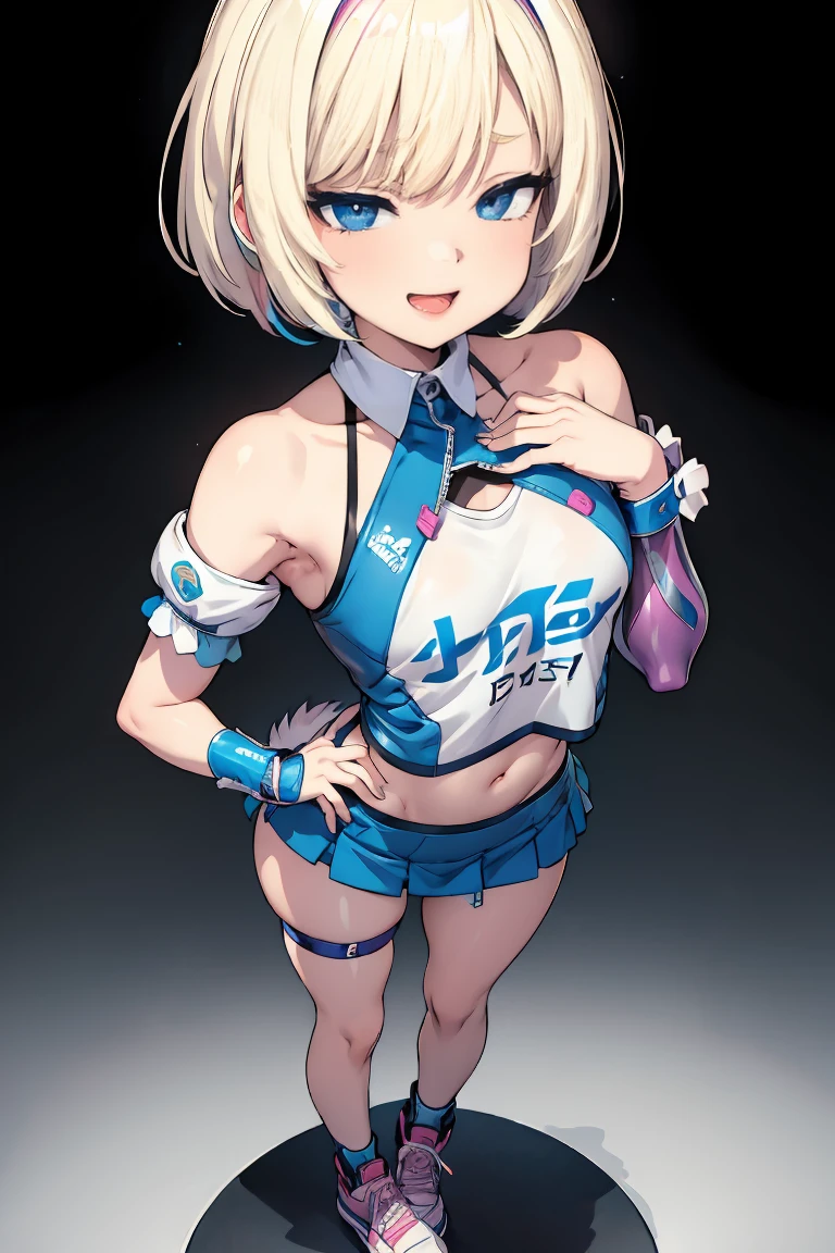 standing footjob、barefoot,Blonde hair, short mash hair, turquoise eyes,A girl with impressive blonde hair、hair ornaments、short bob、hot pants、smile、dynamic pose, Pink bondage suit, mocking smile