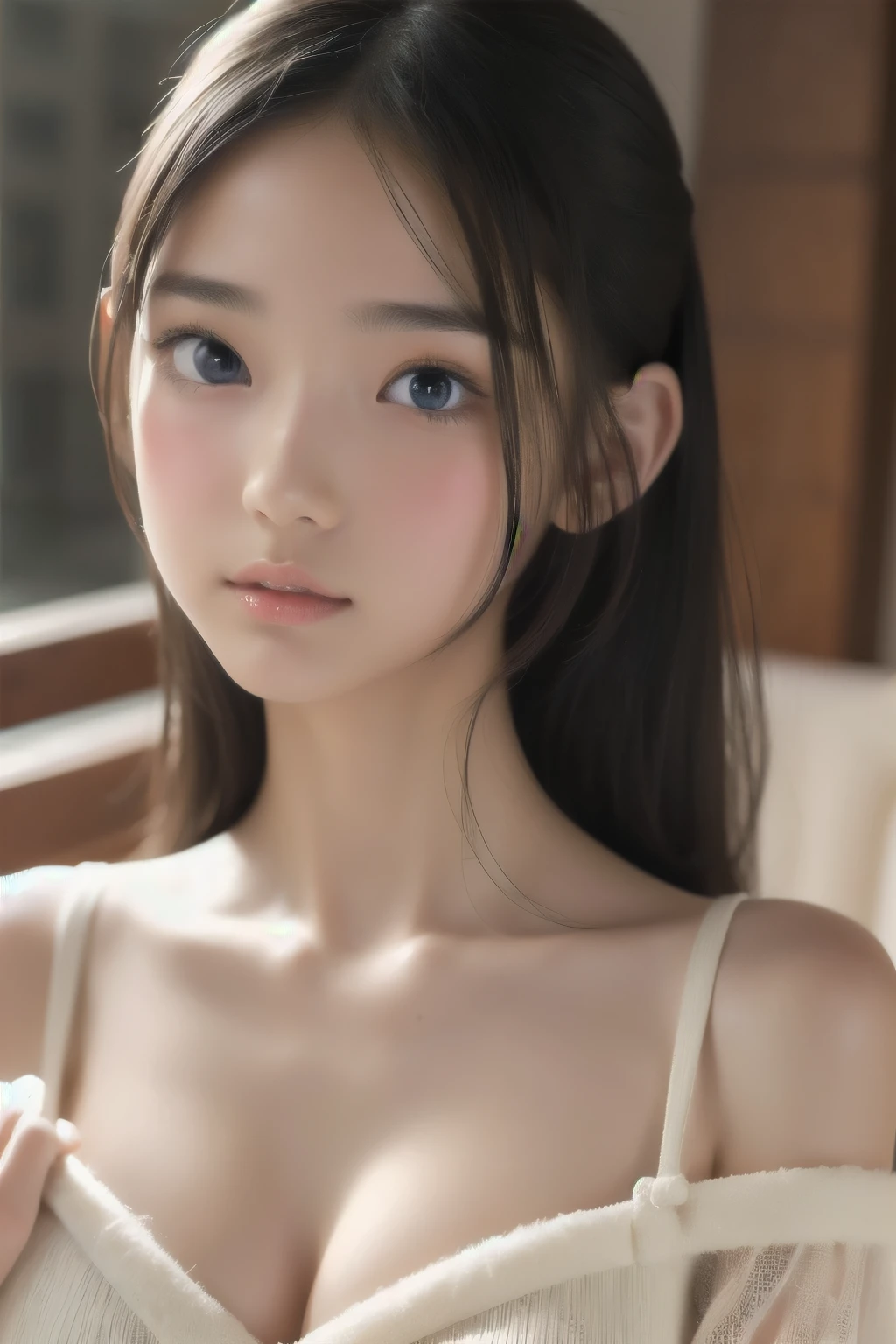 absurdres, (masterpiece, best quality), (ultra-detailed), extremely detailed,super high resolution, (Top Quality photorealistic Illustration), (Super Definition), (best quality,masterpiece:1.0),(cute illustration:1.3), (high Saturation:1.2), highres, ultra-detailed, 32k,8k resolution, intricate details, cinematic scene, detailed background, Soar (High chroma),(Sparkling),bathroom, BREAK (1 girl) (kawaii:1.6), (cute:1.6), Beautiful and delicate eyes, Delicate and beautiful face, Facial accents, Perfect figure,(open shirt:1.6), (show off nipples:1.6), (exposing bare breasts:1.3), (exposed chest:1.3), (small breasts:1.3), (small areolas:1.4), Uniforms、bright expression、poneyTail、Young shiny shiny white shiny skin、Best Looks、Natural black hair with dazzling highlights、shiny light hair,、Super long silky straight hair、Beautiful bangs that shine、Double eyelids、eye liner、Glowing crystal clear attractive big brown eyes、Very beautiful nice cute 14 year old Nordic girl、