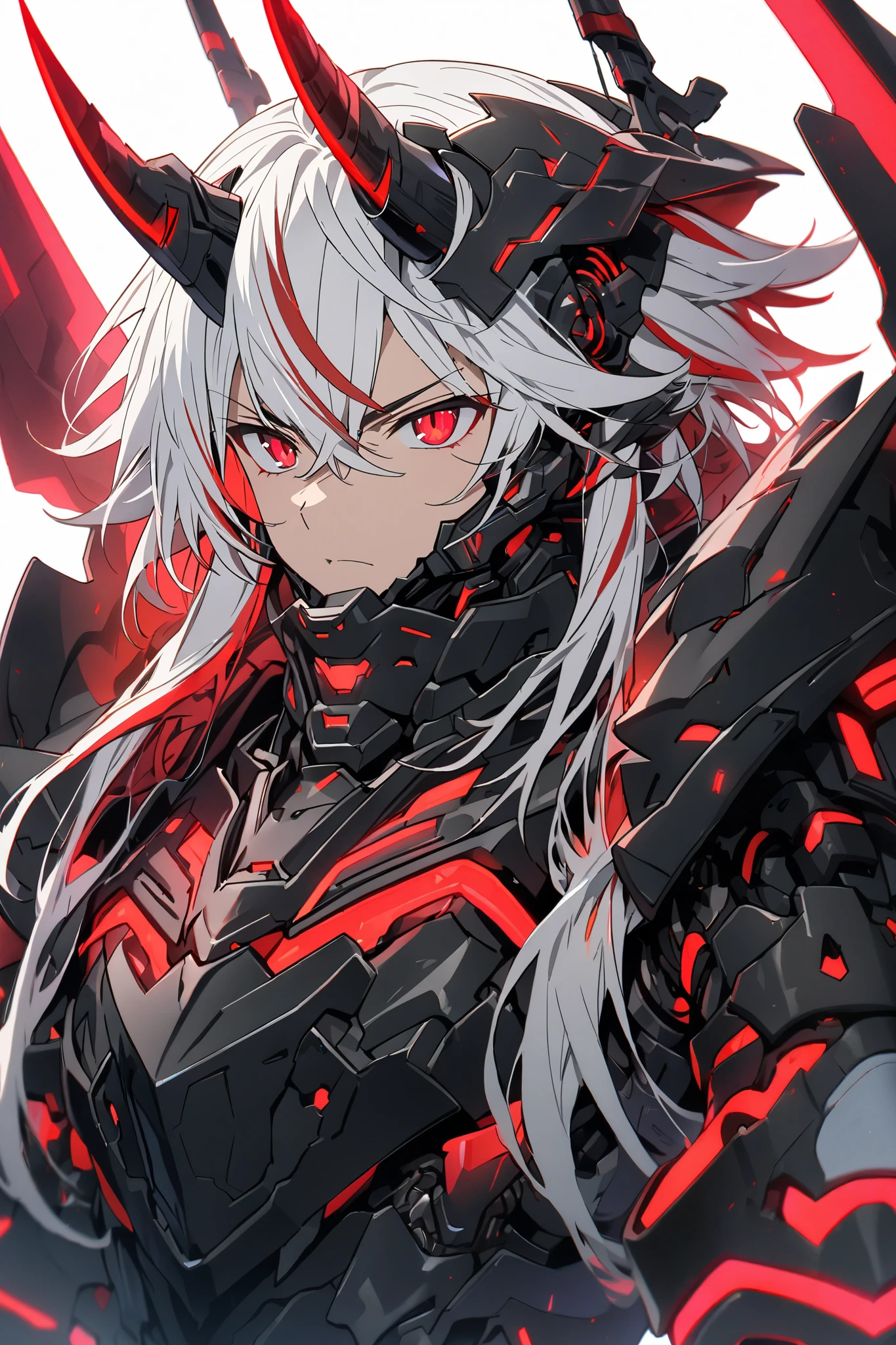 [(WHITE BACKGROUND:1.5),::5], ((masterpiece)), high quality, ultra very high resolution, full color, ((solo)), ((boy)), Black armor, Cyborg boy,  (ONI armor), ((ONI mechanical horn)), ((men's White hair)), (Red streaked hair), (Red eyes), anime, (upper body), Red neon light,