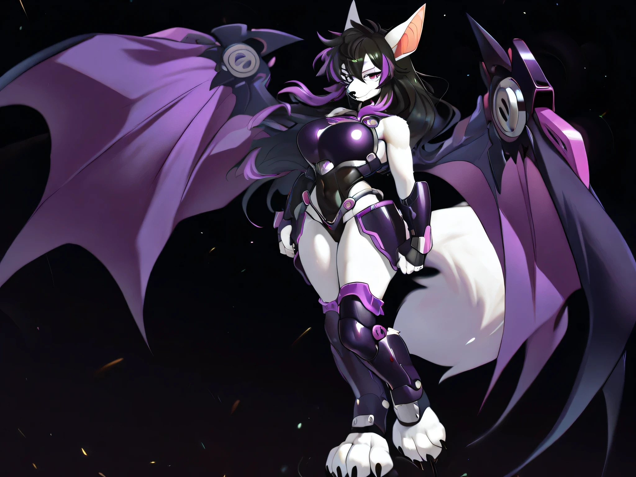 masterpiece, best quality, anime shading, full body picture, buxom body type, centered, three quarter view, 1girl, ((single view)), ((alone)), anthro, furry, fox female, ((white fox)), ((bat ears:1.5)), purple eyes, white fur, white skin, ((long black hair with purple highlights)), standing pose, wings open, small smile, tall with large breasts, ((large black and purple wings)), ((wings on back:1.2)), ((bare shoulders)), white shoulders, white paws, black claws, black nose, digitigrade legs, digitigrade paws, big foot paws, ((wearing black mecha armor with purple trim)), ((cybernetic chest armor)), ((hip armor)), ((solid black background)), score_9_up, score_8_up, score_7_up, score_6_up, (safe content)