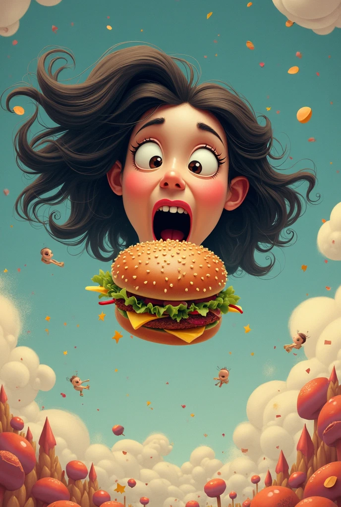 criar uma imagem ultrarrealista de uma mulher gorda, dressed in pants and t-shirt, running away and screaming desperately as she is being attacked by several burgers, pizzas e doces gigantes