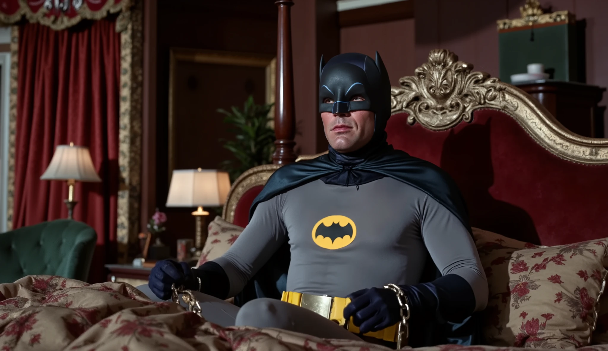 1950s Panavision 70 mm, AFFLECK24 as batman60s in classic costume lies down his hands chained to header of a lavish bed