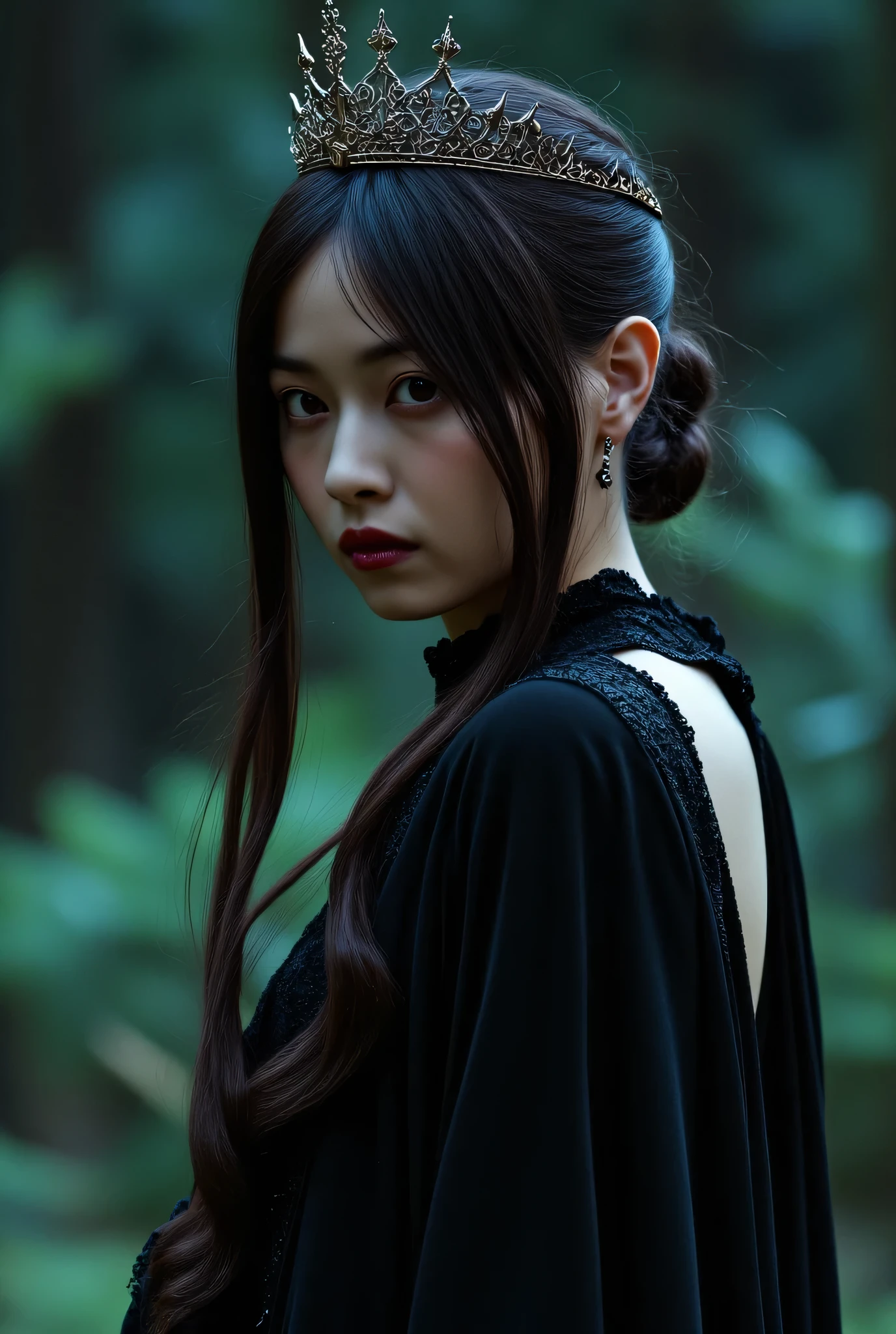 (((The summit of the Dark Mountain around the 17th century:2.0))),((star々The night sky shines beautifully:2.0)),(((Dark horror atmosphere with a gothic feel:2.0))),side view from the back,Side pose,((butt up:2.0)),((look back over my shoulder:2.0)),(((has a shiny large sword handle made of copper:2.0))), standing,((Low Perspective:2.0)),1 woman,(cute faces),(Beautiful well-balanced face ),((long hair with bangs:2.0)),(black hair:1.5),(beautiful eyes:1.3),A glamorous shot of a 20-year-old Japanese woman, Slender Beautiful Body ,((model body type:2.0)),((slim body:1.7)),perfect body line,ideal proportions,(big on the floor:2.0),Bare thighs,Sensual Thighs,delicate body,(Glutinous Flesh:1.5),harmonious posture,((beautiful ass at the old train station:2.0)),((cute ass:2.0)), ((((bare ass :2.0)))),((( T-back :2.0))),(Realistic breast depiction :1.5),Carefully depicting limbs based on perfect anatomy,((super high-leg leotard in the style of the king of darkness with a copper sword:2.0)),((Super High Leg Leotard made of fitted lace:2.0)),((looking back and looking down at the camera {x} long embroidered cloak with an open back on a high-leg leotard:2.0)),(Black lipstick:2.0),((((Coarse mesh fishnet stockings:2.0)))),(((Copper crown:2.0))),concept art,(top quality:1.5),(masterpiece:1.5),(超高resolution),resolution,UHD,(Delicate Description), carefully drawn with butterfly wings ,32k,((Realistic Skin Texture:1.5)),(((ultra-realistic:1.5))),carefully draw eyelashes,very detailed face,Highly detailed female hand,very sensual,(Blurry Dim Backgrounds :1.5),professional photo shoot,(movie light:2.0),((Rembrandt-style lights:2.0))