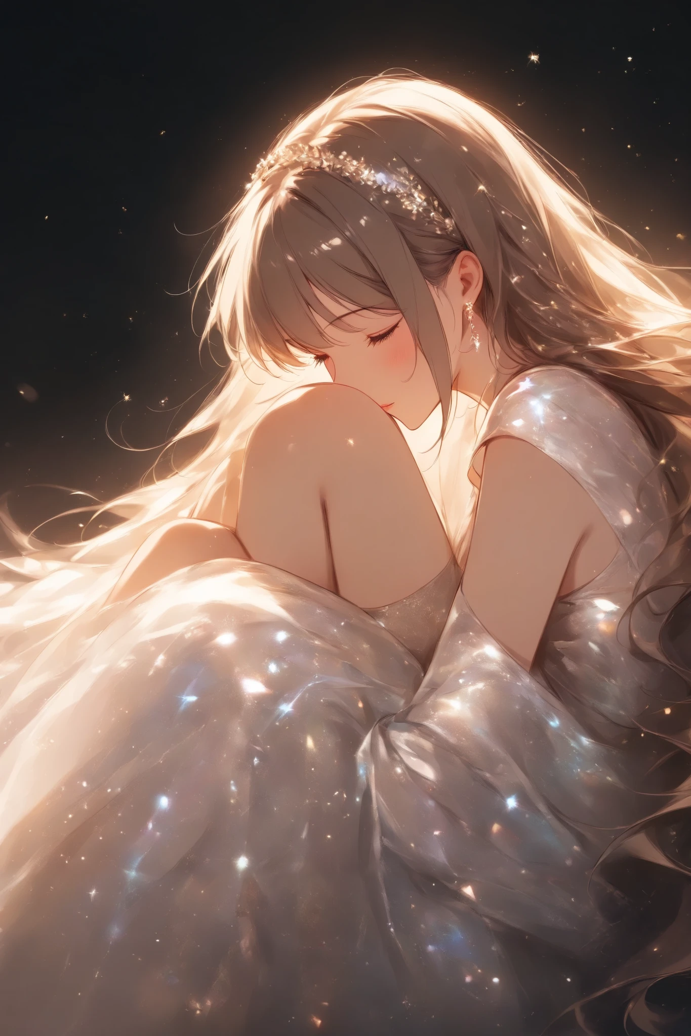 (masterpiece:1.2),high quality、very breathtaking、beautiful details、best image quality、black background、Sparkling光る女性、sleep curled up、A spotlight that only hits women、Sparkling、A painfully beautiful work