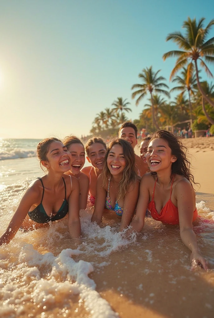 Create a vivid, close-up image capturing the joy and camaraderie of a group of friends immersed in a beach party celebration. Show them laughing, dancing, and enjoying themselves as they bask in the warmth of the sun and the euphoria of the moment. Highlight the vibrant colors of beach attire, the shimmering sand, and the sparkling ocean waves in the background. Let the viewer feel the energy and excitement radiating from this close-knit group of friends as they create unforgettable memories together by the sea