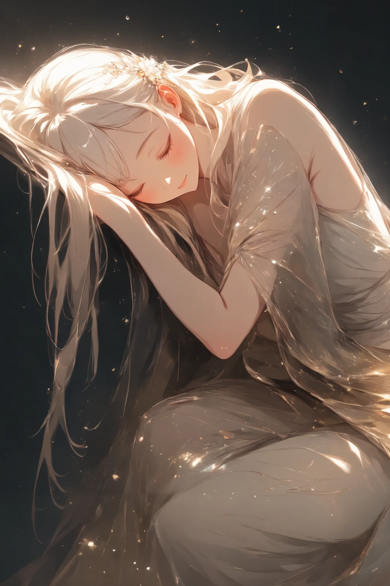 (masterpiece:1.2),high quality、very breathtaking、beautiful details、best image quality、black background、Sparkling光る女性、sleep curled up、A spotlight that only hits women、Sparkling、A painfully beautiful work