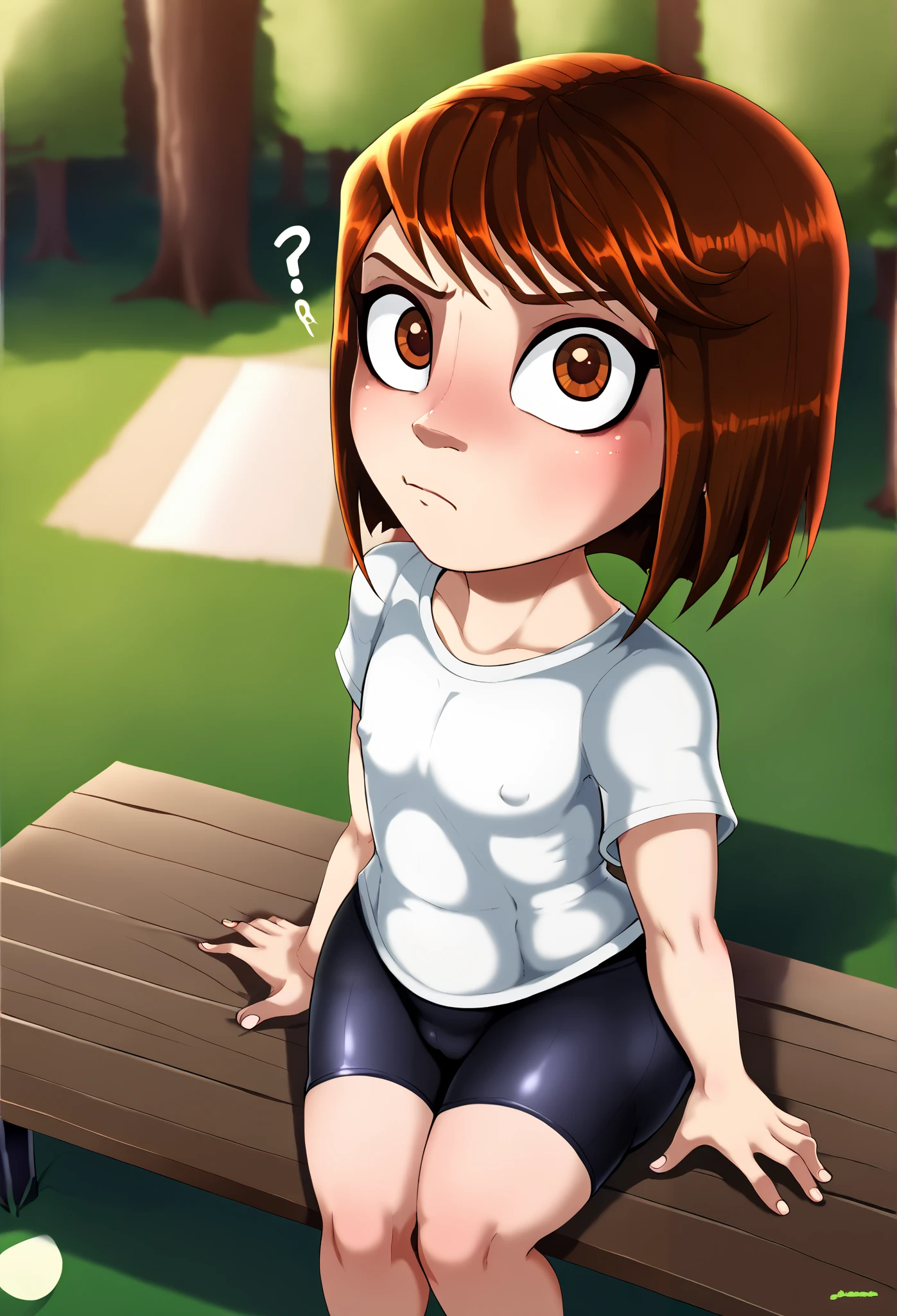 shadcom, shadman, shadbase artstyle, score_9, score_7_up, 1girl, solo, white T-shirt, black bike shorts, green forest background, presenting, curvy, cute girl, little, young girl, short girl, jailbait, age 13, minor, solo, medium brown hair, brown eyes, middle school girl, age difference with viewer, innocent, bratty, cute, immature, juvenile, younger girl, 120 cm in height, slimthicc, from above, ish_face, bratty face, shortstack, tight body, cheeky, frowning, cute, confused, looking up at viewer, early s, big butt, big ass, thick thighs, bubblebutt, bare feet, holding her legs, sitting on park bench, presenting, tiny nipples, nipples aren't visible, flat chest, chest covered by shirt,
