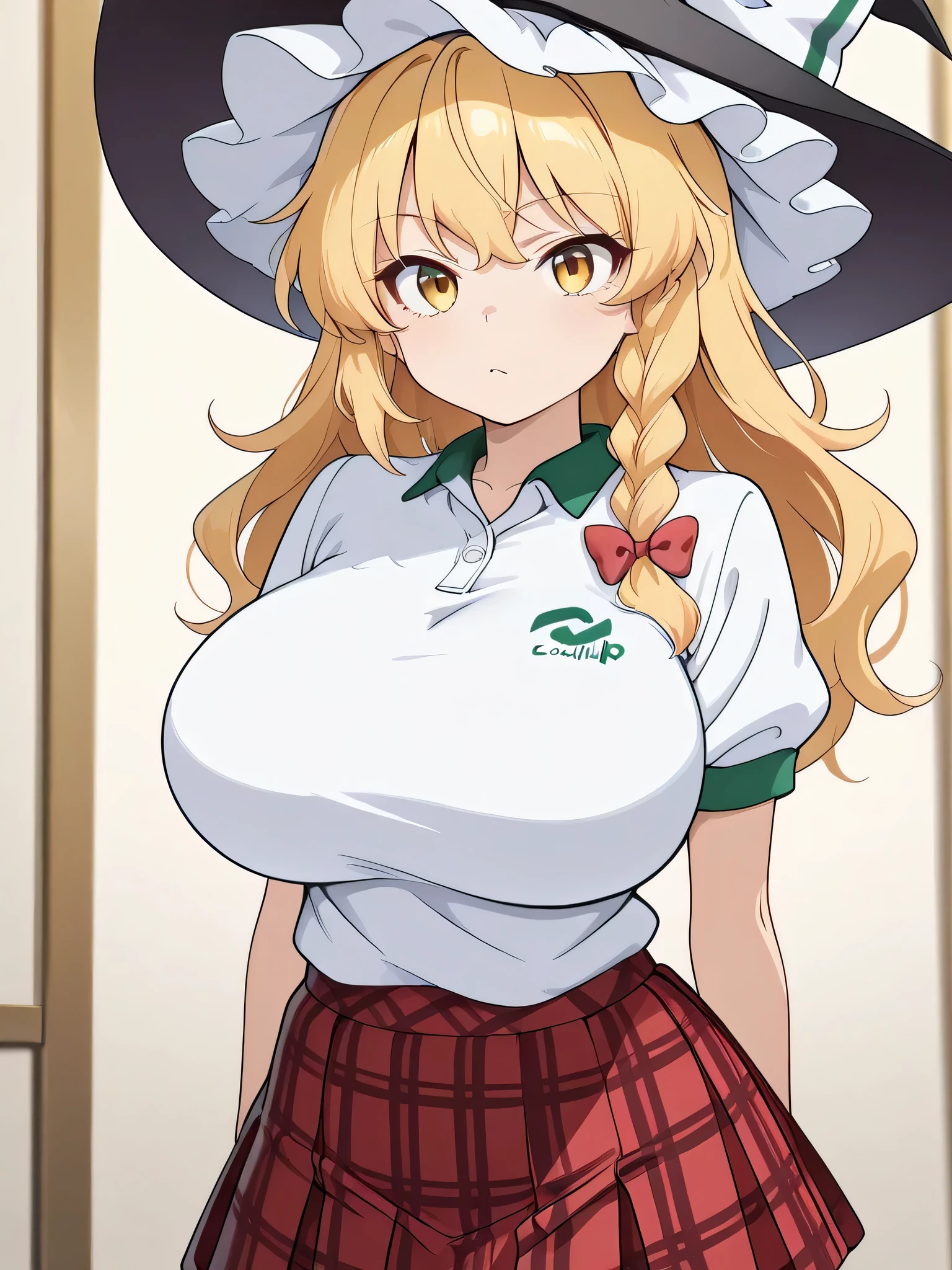 huge breast,kirisame marisa, 1girl, solo, blonde hair, yellow eyes, single braid,
witch hat, hair bow, long hair,conalep, polo shirt, short sleeves, plaid skirt, pleated skirt