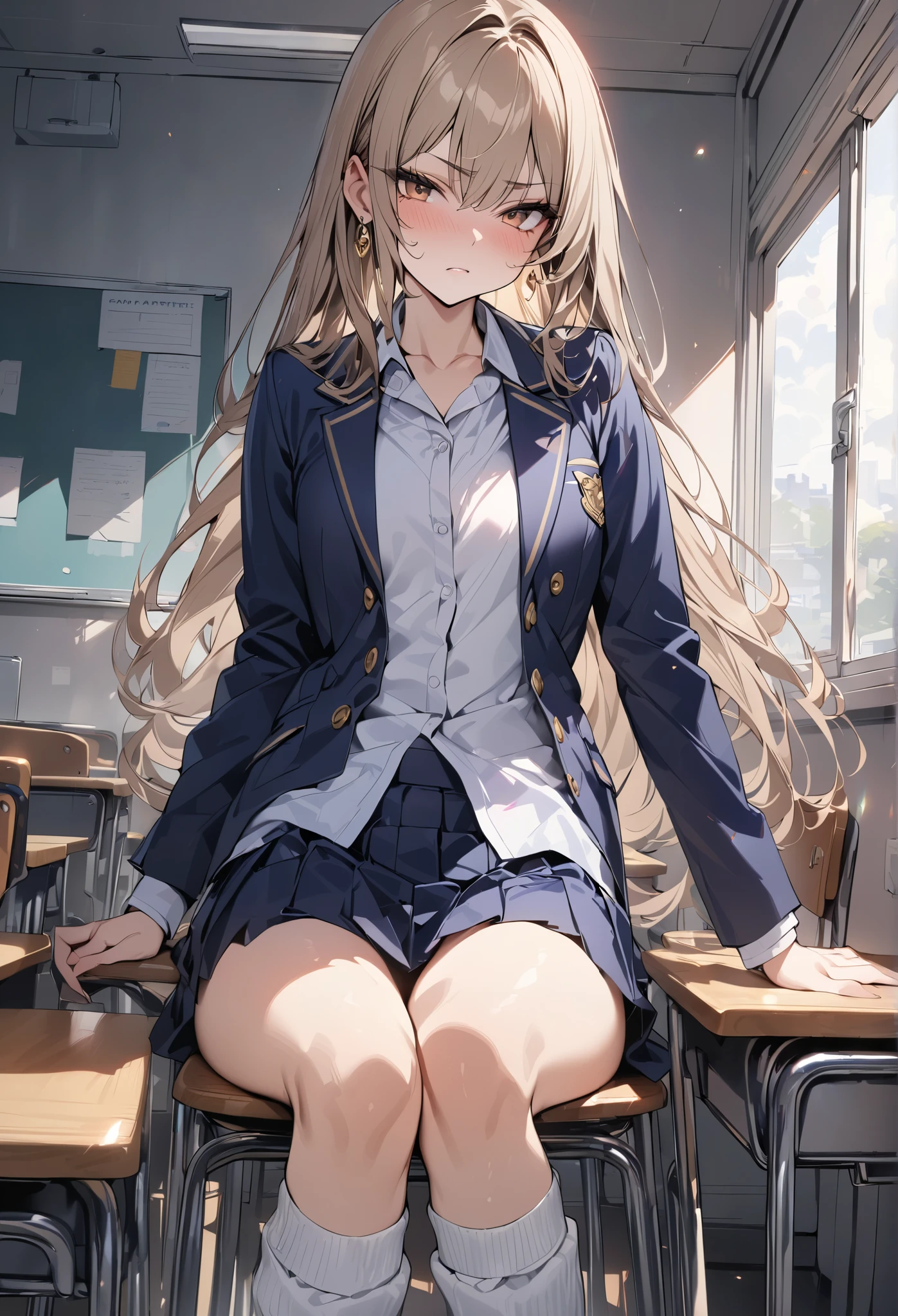 mahirushiina, Mahiru shiina, Blonde, (Brown eyes:1.7), Long Hair, smile,blush,Open your mouth,
break black footwear, black pantyhose, blazer, bow, bowtie, collar, collared shirt, Jacket, pantyhose, Plaid, Plaid skirt, pleated skirt, red bow, red bowtie, , shirt, Brown loafers, skirt,sitting cross-legged on a chair,whole bodyがイラストに入るように,
break looking at viewer, whole body,
break indoors, classroom,
break (masterpiece:1.2), highest quality, High resolution, unity 8k wallpaper, (figure:0.8), (Beautiful fine details:1.6), Highly detailed face, Perfect lighting, Highly detailed CG, (Perfect hands, Perfect Anatomy),