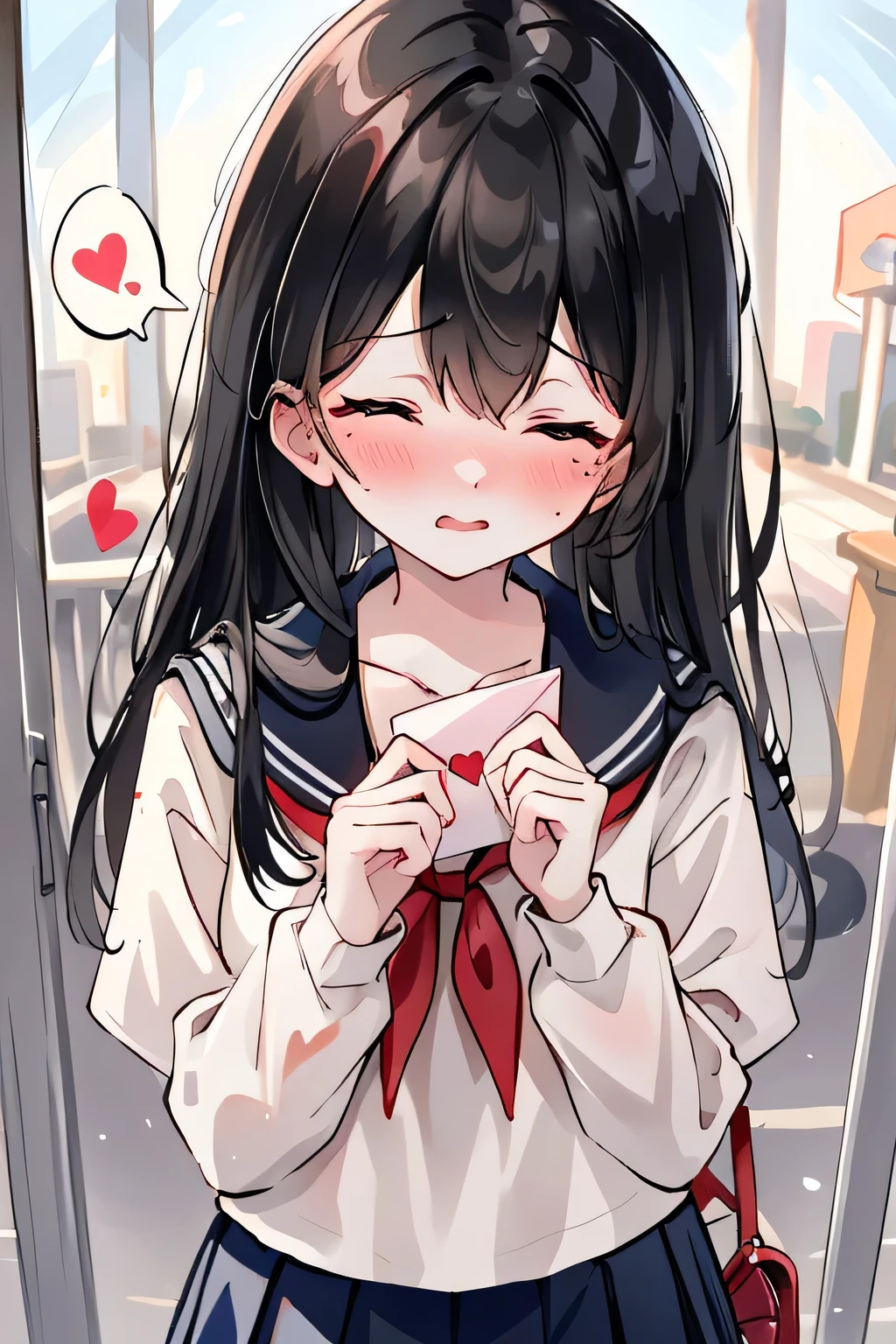 from slightly above, focus face, upper body, 1girl, black hair, embarrassed, shy:1.1, crimson blush:1.1, cheek warming, love letter, love letter to viewer:1.1, closed eyes, sailor uniform, pleats skirts, school gate, spoken heart, (absurdres, masterpiece, 8K)