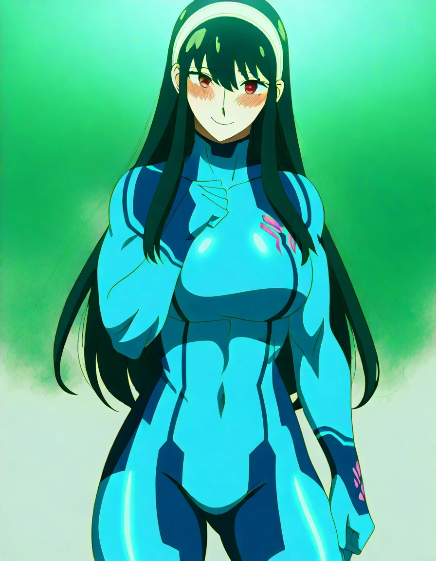 score 9 、score 8 up、score 7 up、source anime、masterpiece、top quality、high definition、high image quality、1woman、、yor briar、solo、black hair、long hair、sidelocks hair、red eyes、white hairband、Big Breasts、very large breasts、covered deltoids、covered anterior deltoids、covered middle deltoids、covered posterior deltoids、covered biceps、covered biceps long head、covered biceps short head、covered triceps、covered triceps medial head、covered triceps long head、covered triceps lateral head、covered brachioradialis、covered cameltoe、very large breasts、tall woman、toned body、Strong muscles、、samus aran cosplay、samus aran \(cosplay\)、blue bodysuit、bodysuit、covered navel、covered midriff、covered stomach、covered collarbone、covered thighs、skin tight、zero suit、Outdoors、blush、smile、looking at viewer、woman's focus、cowboy shot、dutch angle shot、