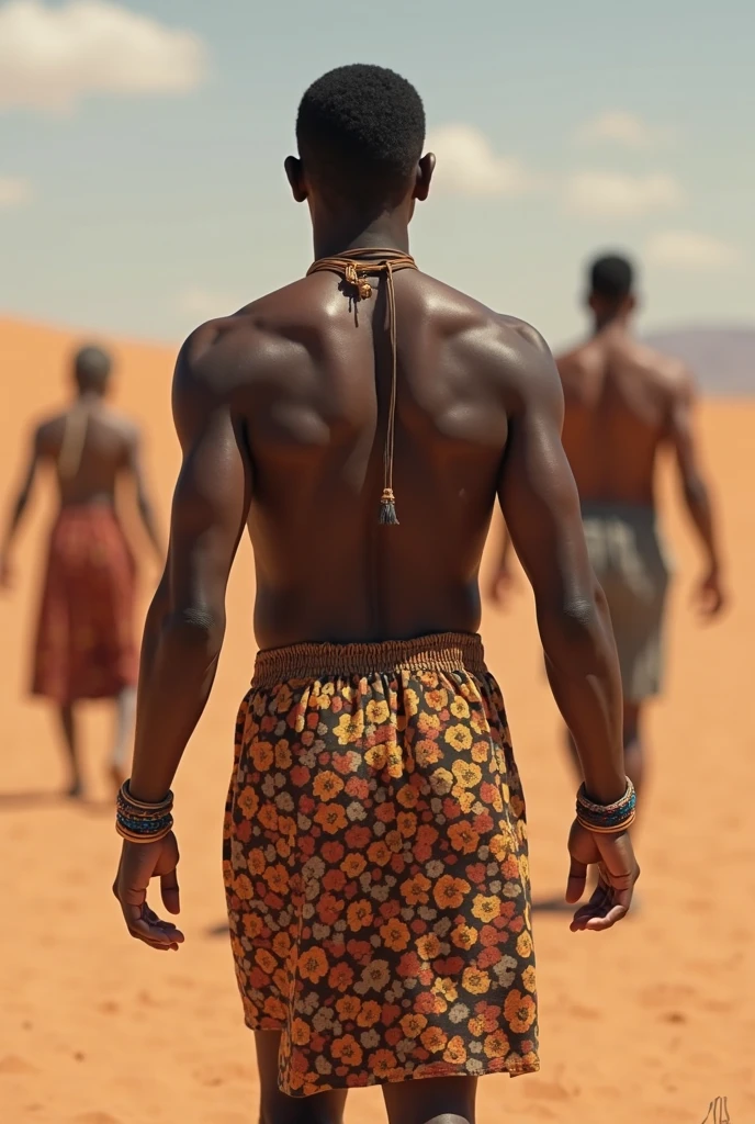 Young bantu tribal warrior. (full body) (male) (very skinny:1.4) (musclar:1.2) (slim waist) (slim hips) (wide shoulders) (traditional bantu outfit) (large bulge) (african face) (very dark skin)