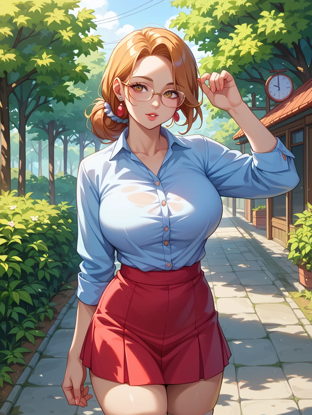 2D, masterpiece, Highest quality, anime, Very detailed, One girl, alone, Cowboy Shot, nakano yotsuba, Orange Hair, Hair Ribbon, Sports Dress, No sleeve, Cleavage , (Denim hot pants), Medium chest, Are standing, , Outdoor, smile