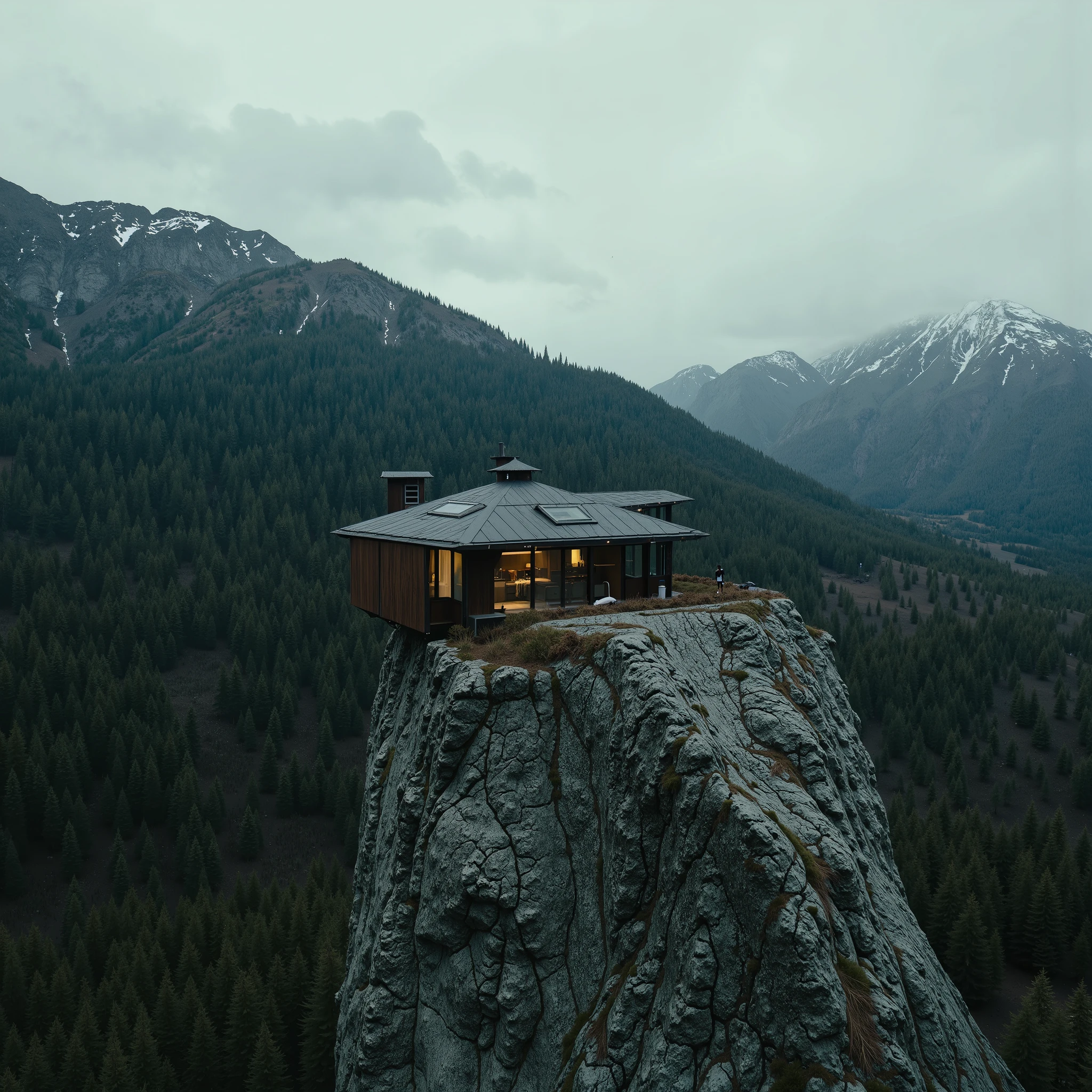 “The Silent Outpost, Spectacular escapism. Paradoxically built with vertigo induced proportions and mind bending perspectives), (Bizarre brutalism), A breathtaking minimalist Japanese avant garde mountain retreat and home pod, (dark minimalist + brutalist architecture), strange & imaginative designs (and epic composition with drone cinematography by Jonny FPV, awe inspiring with a gravity-defying and immersive POV, muted colour analog color palette, (avant garde post-surrealism and brutalist retro futuristic science-fiction aesthetics), dieselpunk, future dark wave, industrial, raw concrete, rule of thirds, intricately built on the verge and clinging to a jagged Scandinavian mountainside—(spectacular perspectives), raw, edgy future tech noir, (dark avant garde brutalism), the future space pod home is composed of gritty raw and exposed metal and futuristic organic materials seamlessly integrated into the rock face.
Designed in the brutalist avant-garde styles of Kisho Kurokawa, Hiroshi Hara, Fumihiko Maki, (dark minimalist architectural design that integrates respectfully within its natural high surroundings and curated with a a gritty atmosphere of openness, it is both a refuge and a haunting anomaly in the desolate wilderness). Surrounded by megalithic mountains, with a dense pine rainforest, a gritty Pale mist coils through the skeletal pines, swallowing the distant landscape, while the last traces of a violent, otherworldly sunset bleed into the storm-laden sky—fiery pinks, reds and oranges fading into abyssal hazy blues. The ominous air is thick with an unsettling silence, broken only by the wind howling through exposed steel beams(neo gothic avant garde brutalism, stylistically sci-fi future design aesthetic. flickering burnt amber interior light suggests life The smouldering atmosphere is drenched in solitude, tension, and the surreal weight of the unknown—an architectural dream on the verge of a nightmare.”