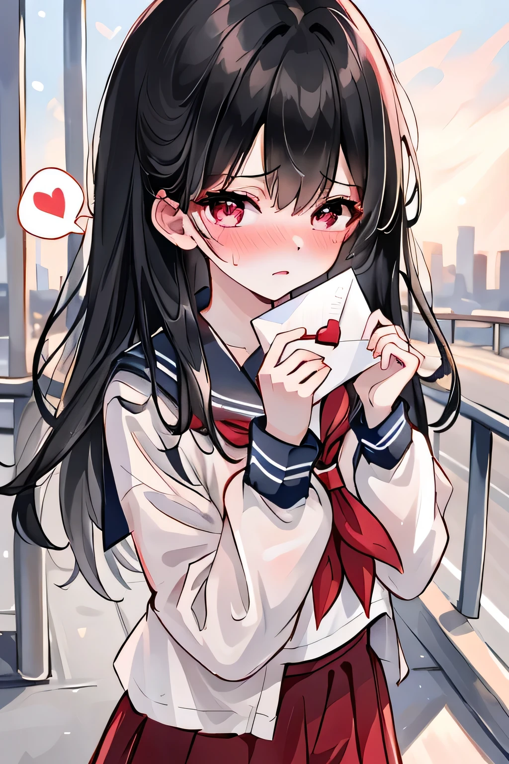 from slightly above, focus face, upper body, 1girl, black hair, embarrassed, shy:1.1, crimson blush:1.1, cheek warming, hesitant look, love letter to viewer:1.1, sailor uniform, pleats skirts, school gate, spoken heart, (absurdres, masterpiece, 8K)