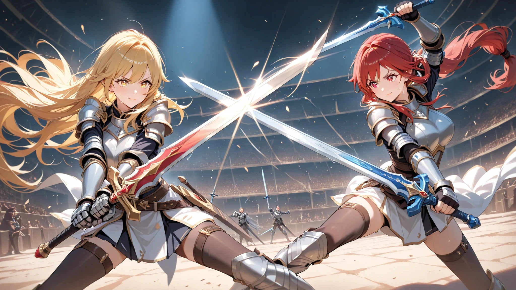 Full body shot from head to feet. Two female from granblue fantasy, attacking each other and fighting with short sword clashing. They have intense death match battle, until someone of them lose and killed in battle. They have different hairstyle, different expression, proper and detailed face, with correct anatomy. They are wearing different short dress armor, detached sleeves, long gloves, short skirt, dark underwear, thigh high, and shoes. Setting at lush forest.