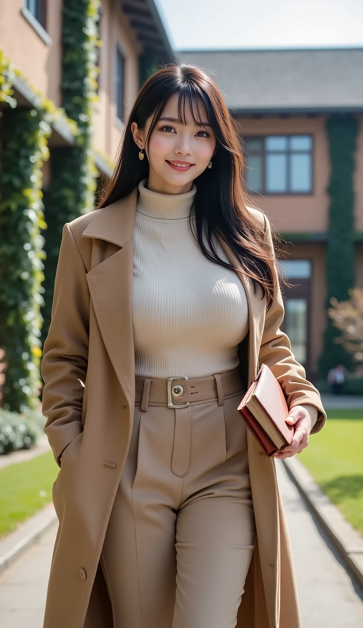 A sophisticated Japanese woman with a curvy figure and large bust, wearing a long wool coat, a turtleneck sweater, and tailored trousers, walking through a prestigious university campus with ivy-covered buildings, holding a leather-bound notebook, intelligent and confident expression, full-body portrait, ultra-realistic.