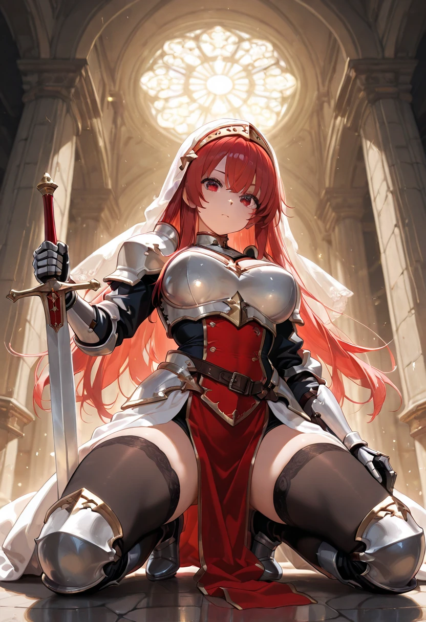 NSFW,{{1 girl, Nekoda Tsuna, vspo!}},Super detailed, masterpiece, absurd, high resolution, very aesthetic, (anime, masterpiece, complexity: 1.3),(Top Quality, High Texture, (4k), (Incredible Detail: 1.4), Full Body, Shiny Skin, Ponytail, Bangs, Cute Face, (Perfect Eyes), (Detailed Eyes), (Shining Eyes), Beautiful Eyes, Bright Eyes, Cute Eyes, Cute Smile, Small Fangs, Cross Earrings, Red Armor, Gold Carving, White Cape Fluttering in the Wind, Highly Detailed Clothes, Beautifully Made Outfit, Gauntlets, (Holding a Long Sword in Her Hands), Red Mini Skirt with Gold Decoration, Zettai Ryouiki, Big Breasts, Deep Cleavage, Side Boob, Windblown Hair,Fluffy Waist, Thighs, High Legs, Knee High Socks, Armored Boots, High Heels, Dynamic Pose