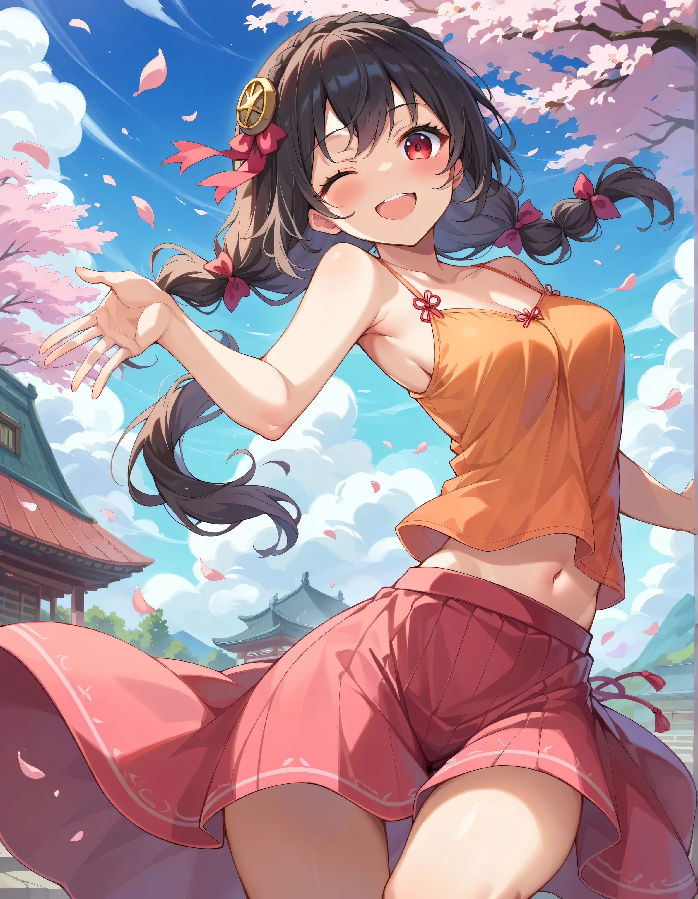 high image quality,high quality、
Yunyun、 (One person)、black hair, hair accessories, red eyes, (transparent orange camisole)、See viewer、(blush:1.2),blue sky、cherry blossoms、(smile)、opens its mouth and laughs、noon、one eye closed、(Dancing )、both hands、Dancing