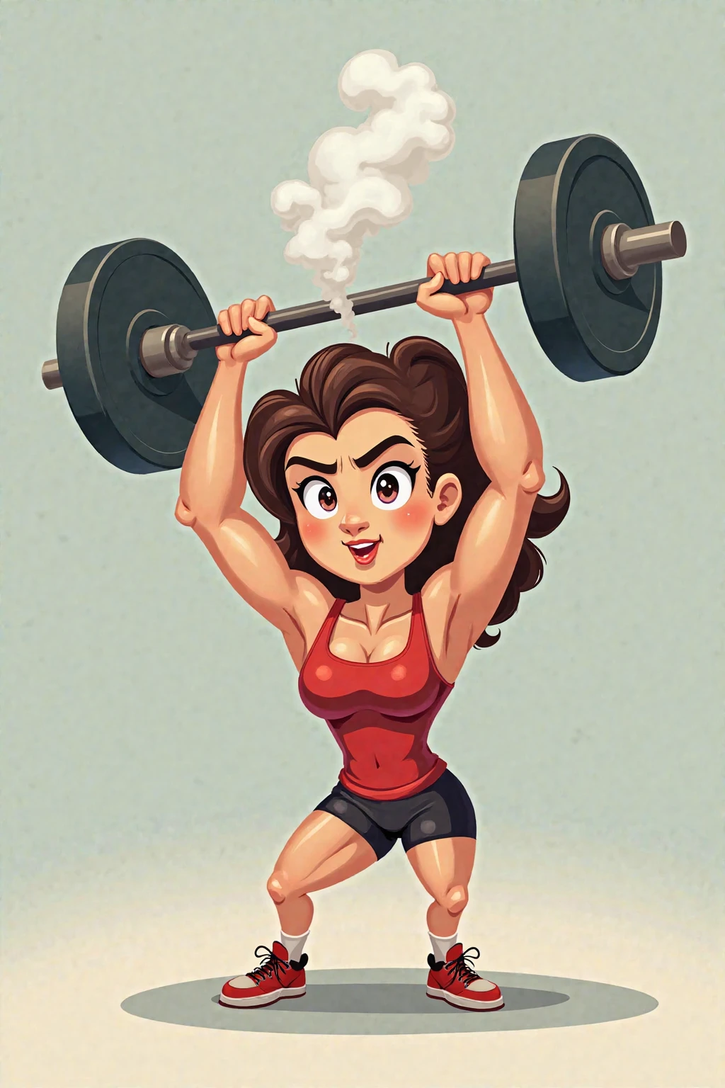 A WOMAN lifting weights IN CARTOON STYLE.
