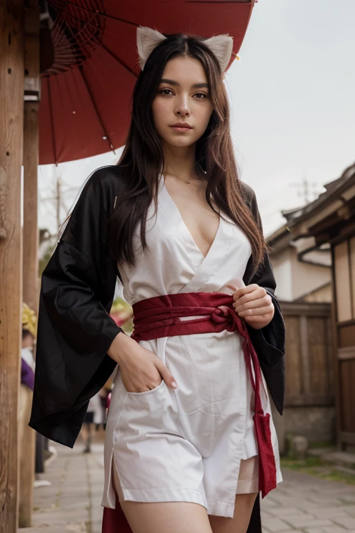 A graceful woman with raven black hair and captivating dark eyes. Clad in a flowing crimson kimono adorned with cherry blossoms, it reaches her ankles, revealing delicate sandals. A delicate origami crane rests in her palm. Behind her stands a traditional Japanese castle with a tiered roof, bathed in moonlight. The serene Japanese garden with a koi pond and a bamboo forest completes the picturesque scene.