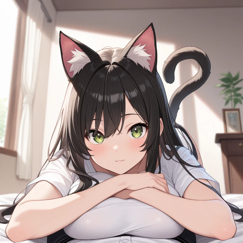 Anime characters lying on the ground，She has long black hair, Anime cat girl in white shirt, cute anime catgirl, Cute!! tchibi!!! Cat woman, anime catgirl, Very beautiful anime cat girl, anime cat, Anime moe art style, beautiful anime catgirl, very beautiful cute catgirl, anime girl with cat ears, Cat girl, ahri, nekomimi
