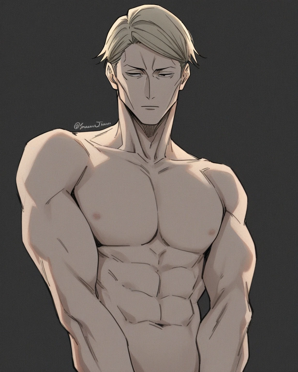 Elfo alto e definido, Cabelos pretos e olhos roxos, shirtless pants and baggy sweatpants with serious face, homem adulto, Strong, independent, rude