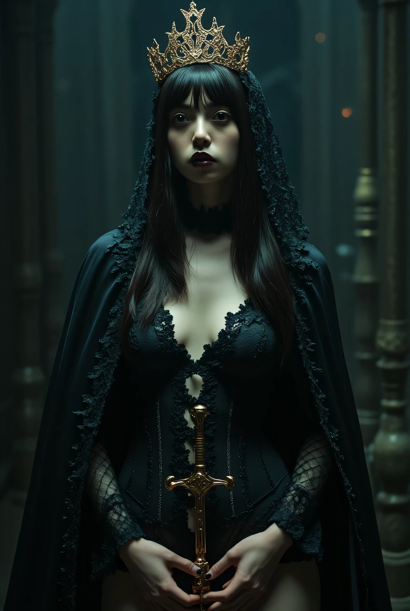 (((On the top floor of the Dark Castle:2.0))),((Night sky with constellations:2.0)),(((Dark horror atmosphere with a gothic feel:2.0))),(((Lift the large, shiny copper sword above your head with both hands:2.0))), standing,((GROUND VIEW:2.0)),looks up at the night sky,One female ghost,((super cute face:2.0)),(Beautiful well-balanced face :2.0),((long hair with bangs:2.0)),(black hair:1.5),(beautiful eyes:1.5),A glamorous shot of a 20-year-old Japanese woman, Slender Beautiful Body ,((model body type:2.0)),((slim body:1.7)),perfect body line,ideal proportions,((big on the floor:2.0)),((スリーサイズ90-58-86:2.0)),((G cup breasts:2.0)), popup,((((Underboob:2.0)))),Bare thighs,Sensual Thighs,delicate body,(Glutinous Flesh:1.7),harmonious posture,((Realistic breast depiction :1.7)),Carefully depicting limbs based on perfect anatomy,((super high-leg leotard in the style of the king of darkness with a copper sword:2.0)),((Super High Leg Leotard made of fitted lace:2.0)),((A long embroidered cloak with an open front over a hi-leg leotard:2.0)),(Black lipstick:2.0),((Wear a black lace short veil over your head:2.0)),((((Coarse mesh fishnet stockings:2.0)))),(((Copper crown:2.0))),concept art,(top quality:2.0),(masterpiece:2.0),((超high definition:2.0)),high definition,UHD,(Delicate Description), carefully drawn with butterfly wings ,32k,((Realistic Skin Texture:1.5)),(((ultra-realistic:1.5))),carefully draw eyelashes,very detailed face,Highly detailed female hand, Sexy appearance ,very sensual,(Blurry Dim Backgrounds :1.5),professional photo shoot,(movie light:2.0),((Rembrandt-style lights:2.0)