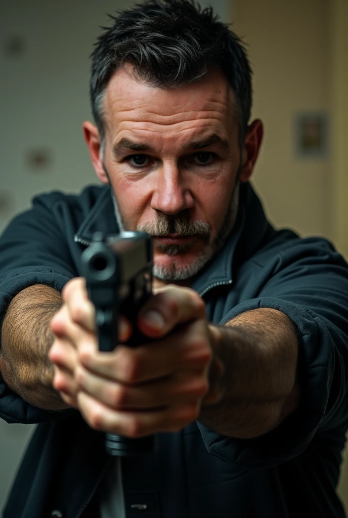 A father has to decide between his wife or son, as a man has a gun pointed at his son's head, and the father of the family has to shoot his wife in the head to save his son.
