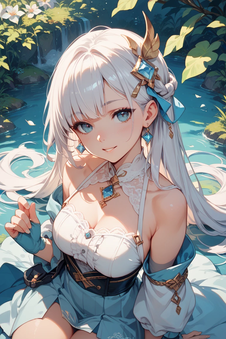 masterpiece, top quality, ultra detail, illustration,beautiful detailed face(1girl), look at viewer, close-up, (focusing on lower body), white hair, shy, fairy, white and blue bikini, pink eyes,naughty girl