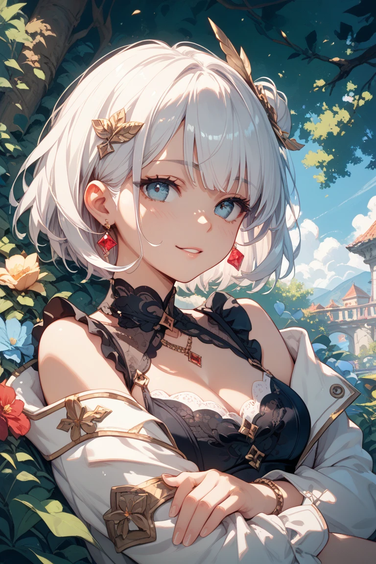 1 girl, white hair, hair bobbles, wince, long eyelashes, solid circle eyes, fake animal ears, light smile, blush ear, tusk, drop shadow, anaglyph, stereogram, tachi-e, pov, motion blur, film grain, flower, mix, cinematic lighting, ccurate, UHD, high detail, best quality, highres, high quality, textured skin, masterpiece, super detail, medium breasts, blue eyes, office background, detailed background, super detailed eyes, clothes with heart neckline on clothing, cat pupil