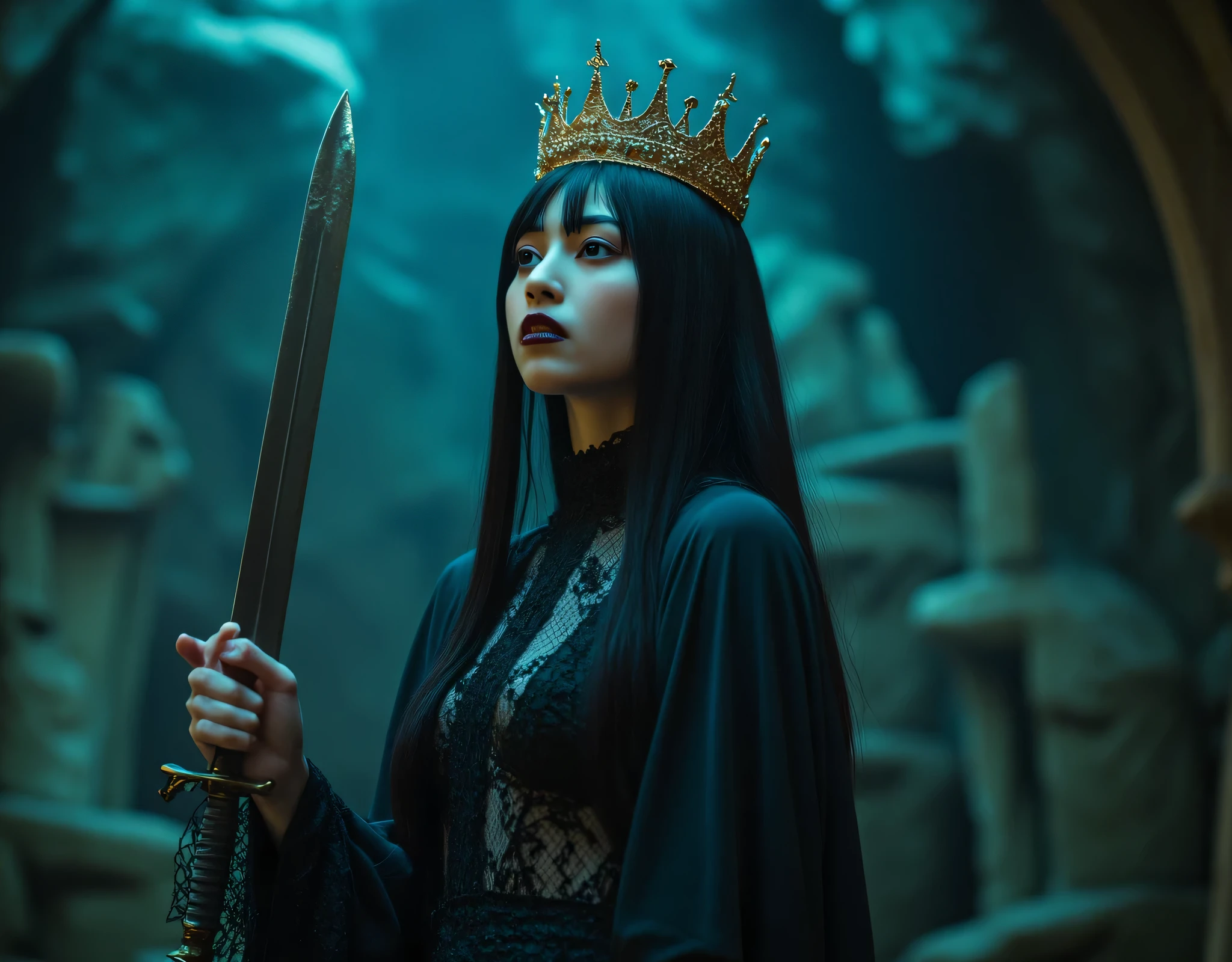 (((On the top floor of the Dark Castle:2.0))),((Night sky with constellations:2.0)),(((Dark horror atmosphere with a gothic feel:2.0))),(((Lift the large, shiny copper sword above your head with both hands:2.0))), standing,((GROUND VIEW:2.0)),looks up at the night sky,One female ghost,((super cute face:2.0)),(Beautiful well-balanced face :2.0),((long hair with bangs:2.0)),(black hair:1.5),(beautiful eyes:1.5),A glamorous shot of a 20-year-old Japanese woman, Slender Beautiful Body ,((model body type:2.0)),((slim body:1.7)),perfect body line,ideal proportions,((big on the floor:2.0)),((スリーサイズ90-58-86:2.0)),((G cup breasts:2.0)), popup,((((Underboob:2.0)))),Bare thighs,Sensual Thighs,delicate body,(Glutinous Flesh:1.7),harmonious posture,((Realistic breast depiction :1.7)),Carefully depicting limbs based on perfect anatomy,((super high-leg leotard in the style of the king of darkness with a copper sword:2.0)),((Super High Leg Leotard made of fitted lace:2.0)),((A long embroidered cloak with an open front over a hi-leg leotard:2.0)),(Black lipstick:2.0),((Wear a black lace short veil over your head:2.0)),((((Coarse mesh fishnet stockings:2.0)))),(((Copper crown:2.0))),concept art,(top quality:2.0),(masterpiece:2.0),((超high definition:2.0)),high definition,UHD,(Delicate Description), carefully drawn with butterfly wings ,32k,((Realistic Skin Texture:1.5)),(((ultra-realistic:1.5))),carefully draw eyelashes,very detailed face,Highly detailed female hand, Sexy appearance ,very sensual,(Blurry Dim Backgrounds :1.5),professional photo shoot,(movie light:2.0),((Rembrandt-style lights:2.0)