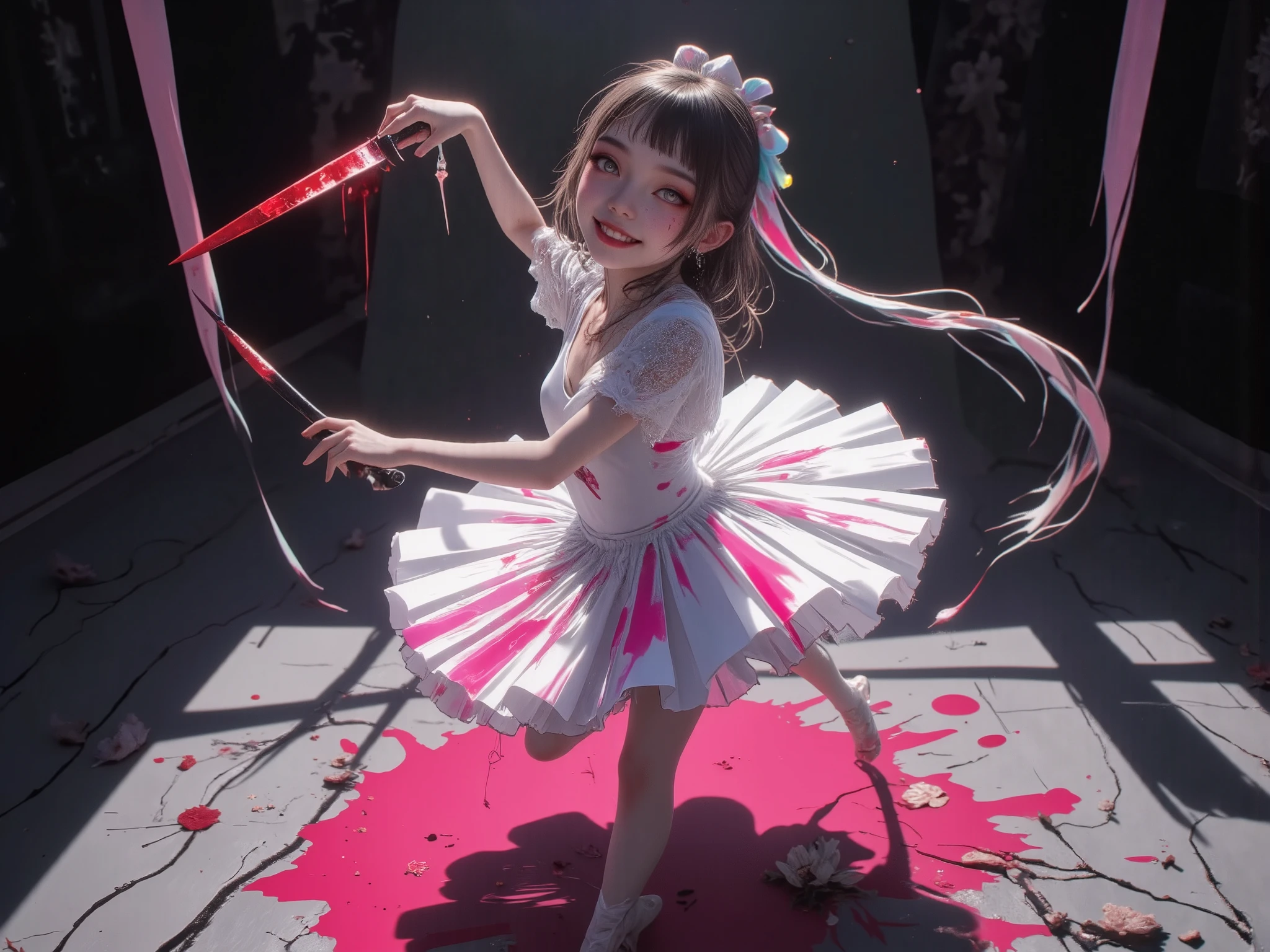 A hauntingly adorable ballerina twirls gracefully, clutching a blood-stained knife, her white tutu elegantly flaring mid-spin. Her delicate dress, once pristine, is now smudged with streaks of vibrant pink and magenta blood, creating an unsettling yet mesmerizing contrast. Her porcelain skin glows under eerie cinematic lighting, her wide, doll-like eyes filled with an unsettling mix of innocence and malice. A soft, unsettling smile lingers on her lips, as if lost in a dreamlike trance.

The background sways between dark fantasy and pastel horror, mixing deep blacks and grays with soft, muted pinks and eerie magentas. Shadows stretch dramatically, forming eerie patterns on the cracked wooden floor, illuminated by flickering stage lights. Delicate pastel ribbons trail behind her, catching the dim glow, while splashes of neon pink blood stain the stage like twisted flower petals.

The atmosphere is a surreal blend of beauty and terror, like a ballet performance lost in a nightmare—soft pastels meet gothic dread. Every detail is exquisitely rendered: the fine lace of her tutu, the silky ribbons in her hair, the chilling contrast of her angelic appearance and the crimson splatters painting her world. A hyper-realistic, 8K, professional digital artwork capturing the delicate balance between horror and cuteness, with a dark yet dreamlike pastel-goth aesthetic. (clean rendering), (ultra-detailed textures), (polished finish), (dramatic lighting), (8K resolution).,cute face, beautiful eyes, soft lips, solo, focus face,