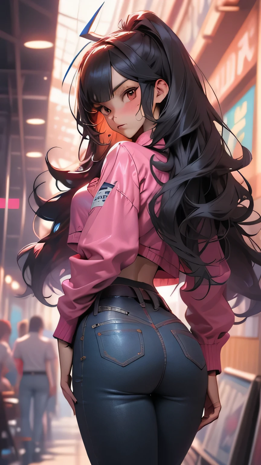 Jovem mulher 18 anos: 1.3, cabelo rosa: 1.2, alto: 1.2, Sit-in: 1.2, diurno: 1.2, Na rua: 1.2, film lighting, melhor qualidade, 8k a cartoon girl with long black hair up to her ass, sorriso provocador, Shojo manga, Estilo Anime Ecchi, Manhwa,corpo definido, camiseta preta, peitos medios, Standing back wall. Menina anime short preto (cabelo loiro) cabelo loiro claro