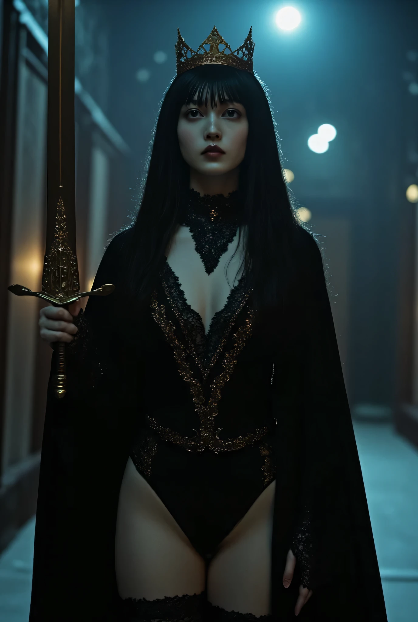 (((On the top floor of the Dark Castle:2.0))),((Night sky with constellations:2.0)),(((Dark horror atmosphere with a gothic feel:2.0))),(((Lift the large, shiny copper sword above your head with both hands:2.0))), standing,((GROUND VIEW:2.0)),looks up at the night sky,One female ghost,((super cute face:2.0)),(Beautiful well-balanced face :2.0),((long hair with bangs:2.0)),(black hair:1.5),(beautiful eyes:1.5),A glamorous shot of a 20-year-old Japanese woman, Slender Beautiful Body ,((model body type:2.0)),((slim body:1.7)),perfect body line,ideal proportions,((big on the floor:2.0)),((スリーサイズ90-58-86:2.0)),((G cup breasts:2.0)), popup,((((Underboob:2.0)))),Bare thighs,Sensual Thighs,delicate body,(Glutinous Flesh:1.7),harmonious posture,((Realistic breast depiction :1.7)),Carefully depicting limbs based on perfect anatomy,((super high-leg leotard in the style of the king of darkness with a copper sword:2.0)),((Super High Leg Leotard made of fitted lace:2.0)),((A long embroidered cloak with an open front over a hi-leg leotard:2.0)),(Black lipstick:2.0),((Wear a black lace short veil over your head:2.0)),((((Coarse mesh fishnet stockings:2.0)))),(((Copper crown:2.0))),concept art,(top quality:2.0),(masterpiece:2.0),((超high definition:2.0)),high definition,UHD,(Delicate Description), carefully drawn with butterfly wings ,32k,((Realistic Skin Texture:1.5)),(((ultra-realistic:1.5))),carefully draw eyelashes,very detailed face,Highly detailed female hand, Sexy appearance ,very sensual,(Blurry Dim Backgrounds :1.5),professional photo shoot,(movie light:2.0),((Rembrandt-style lights:2.0)