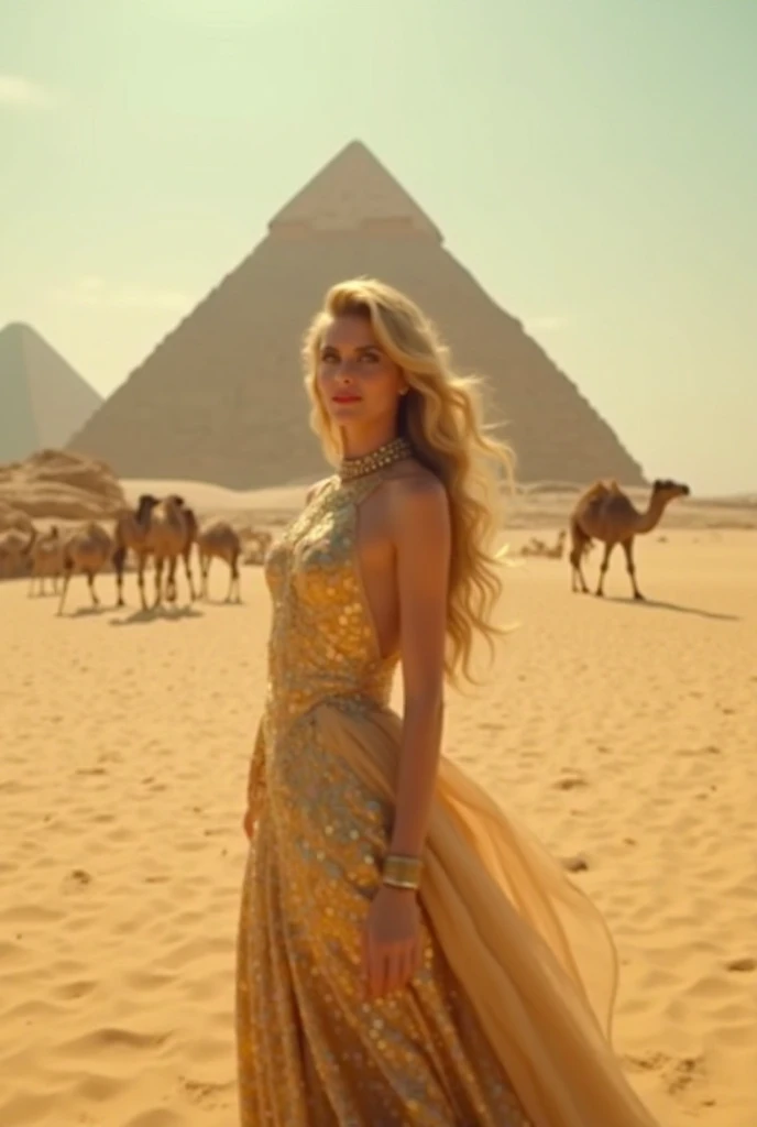 A white haired girl wearing a dress that looks like she's bathed in gold,I want her doing really sexy poses and I want the pyramids of Egypt in the background