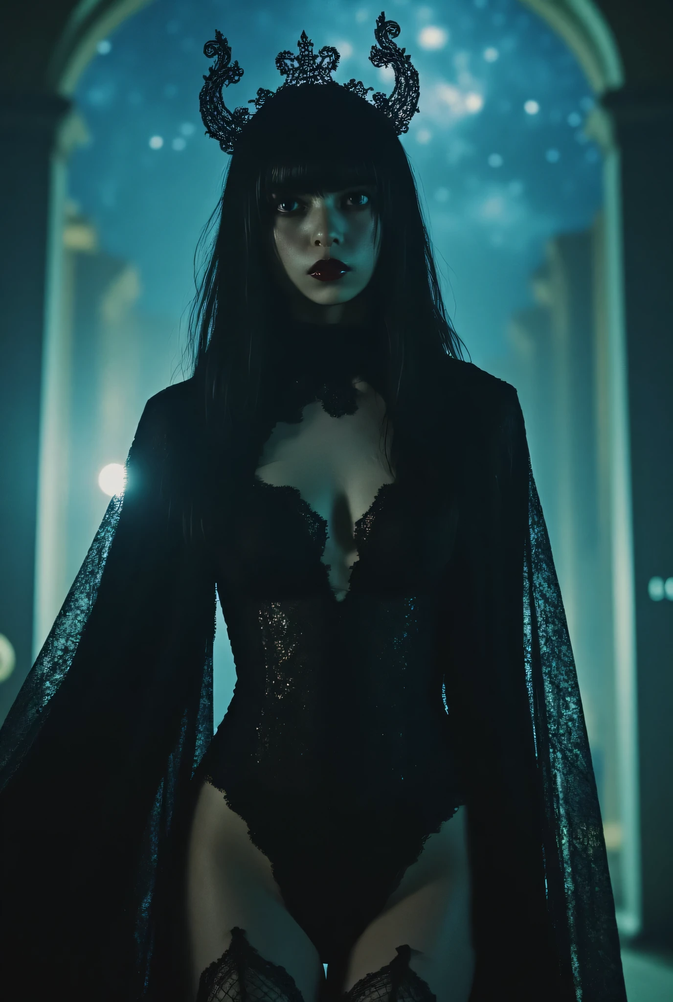 (((On the top floor of the Dark Castle:2.0))),((Night sky with constellations:2.0)),(((Dark horror atmosphere with a gothic feel:2.0))),(((Lift the large, shiny copper sword above your head with both hands:2.0))), standing,((GROUND VIEW:2.0)),looks up at the night sky,One female ghost,((super cute face:2.0)),(Beautiful well-balanced face :2.0),((long hair with bangs:2.0)),(black hair:1.5),(beautiful eyes:1.5),A glamorous shot of a 20-year-old Japanese woman, Slender Beautiful Body ,((model body type:2.0)),((slim body:1.7)),perfect body line,ideal proportions,((big  on the floor:2.0)),((スリーサイズ90-58-86:2.0)),((G cup breasts:2.0)), popup,((((Underboob:2.0)))),Bare thighs,Sensual Thighs,delicate body,(Glutinous Flesh:1.7),harmonious posture,((Realistic breast depiction :1.7)),Carefully depicting limbs based on perfect anatomy,((super high-leg leotard in the style of the king of darkness with a copper sword:2.0)),((Super High Leg Leotard made of fitted lace:2.0)),((A long embroidered cloak with an open front over a hi-leg leotard:2.0)),(Black lipstick:2.0),((Wear a black lace short veil over your head:2.0)),((((Coarse mesh fishnet stockings:2.0)))),(((Copper crown:2.0))),concept art,(top quality:2.0),(masterpiece:2.0),((超high definition:2.0)),high definition,UHD,(Delicate Description), carefully drawn with butterfly wings ,32k,((Realistic Skin Texture:1.5)),(((ultra-realistic:1.5))),carefully draw eyelashes,very detailed face,Highly detailed female hand, Sexy appearance ,very sensual,(Blurry Dim Backgrounds :1.5),professional photo shoot,(movie light:2.0),((Rembrandt-style lights:2.0)