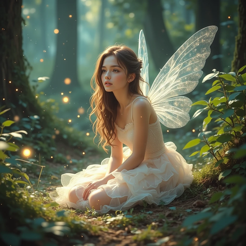 a serene fairy scene set in an enchanted forest. The central figure is a young woman with long, wavy brown hair, adorned with a floral crown of soft pink and white flowers. She is wearing delicate, translucent fairy wings and a white lace sheer dress that falls just above her knees. She sits gracefully on the forest floor, surrounded by lush greenery and tall trees. The fairy holds a small colorful butterfly gently in her hands, gazing at it with a peaceful expression. Beside her on the ground is a small white birdcage, partially open, with a vibrant red and blue butterfly perched on it. The overall atmosphere is magical and tranquil, with soft, diffused lighting filtering through the forest canopy