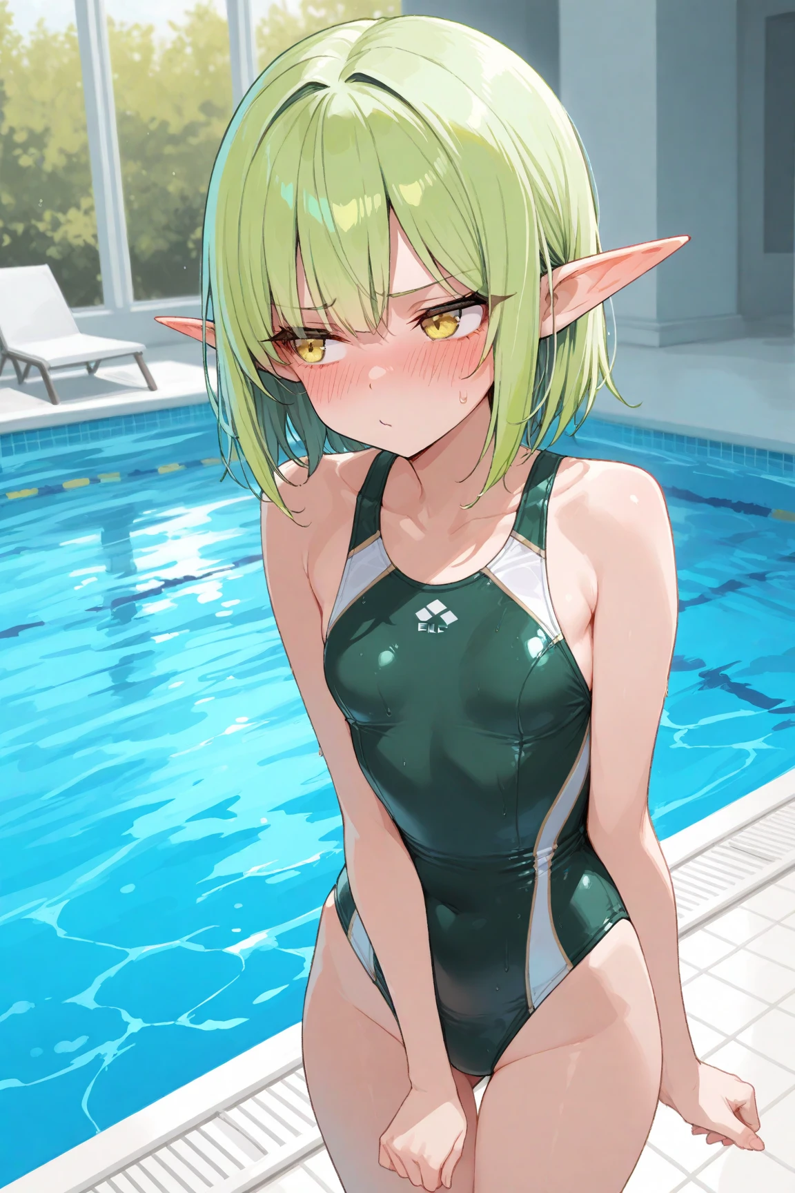 (best quality), (highly detailed), (masterpiece), (1girl), (Marcille_Donato_DungeonMeshi), blonde hair, long hair, twin braids, elf, pointy ears, green eyes, smile, (skinny body: 1.2), (thin legs: 1.2), ((blue competition swimsuit), deep slit, standing crossed arms, Cowboy Shot, wet, Outdoor, poolsaide