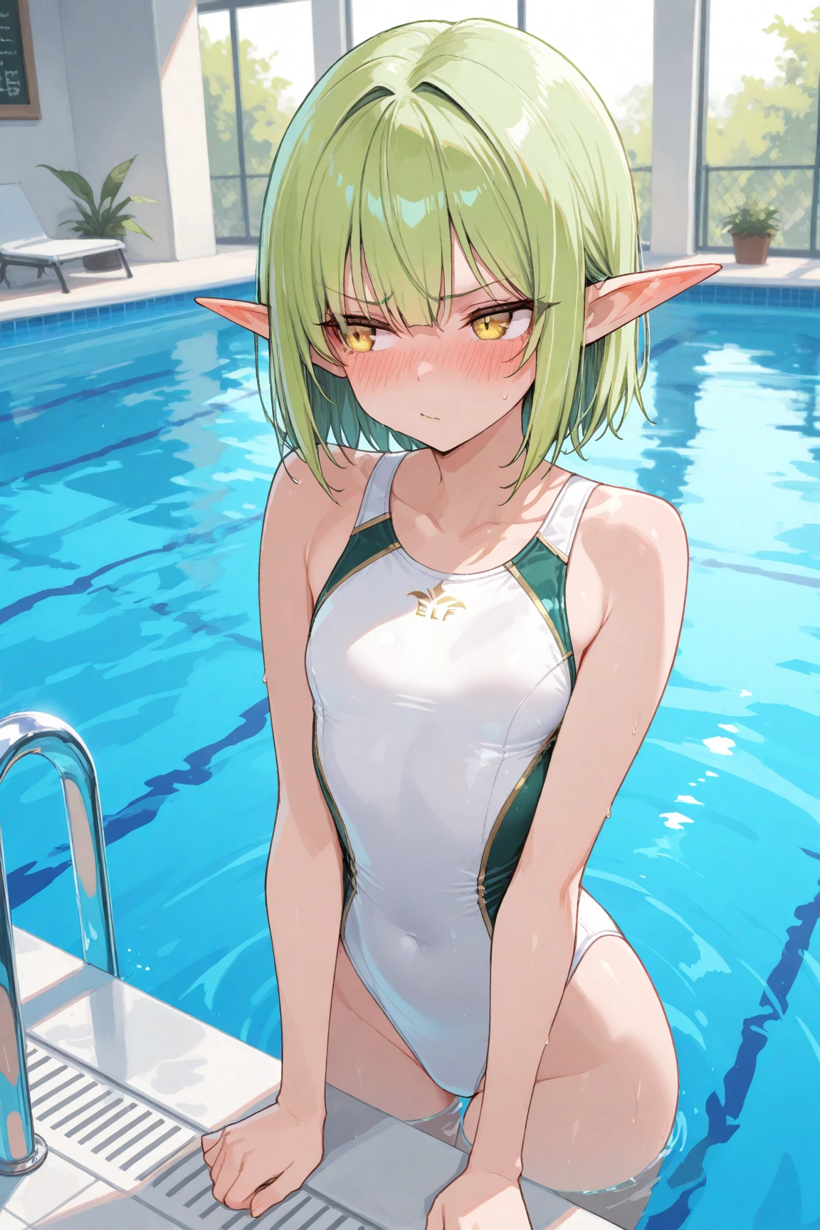 highelfarcher, high elf archer, elf, (green eyes:1.5), green hair, hair between eyes, long hair, pointy ears, side lock, elf, ,looking at viewer, (Beach_background:1.4), break (masterpiece:1.2), best quality, high resolution, unity 8k wallpaper, (illustration:0.8), (beautiful and delicate eyes:1.6), very detailed face, perfect lighting, Highly detailed CG, (perfect hands, complete anatomy), (sexy:1.4), (cute_chest), alone, 1 woman ,standing, (cowboy_firing:1.3), (green_bikini:1.4) , (standing in the water:1.3) , (wet:1.4)