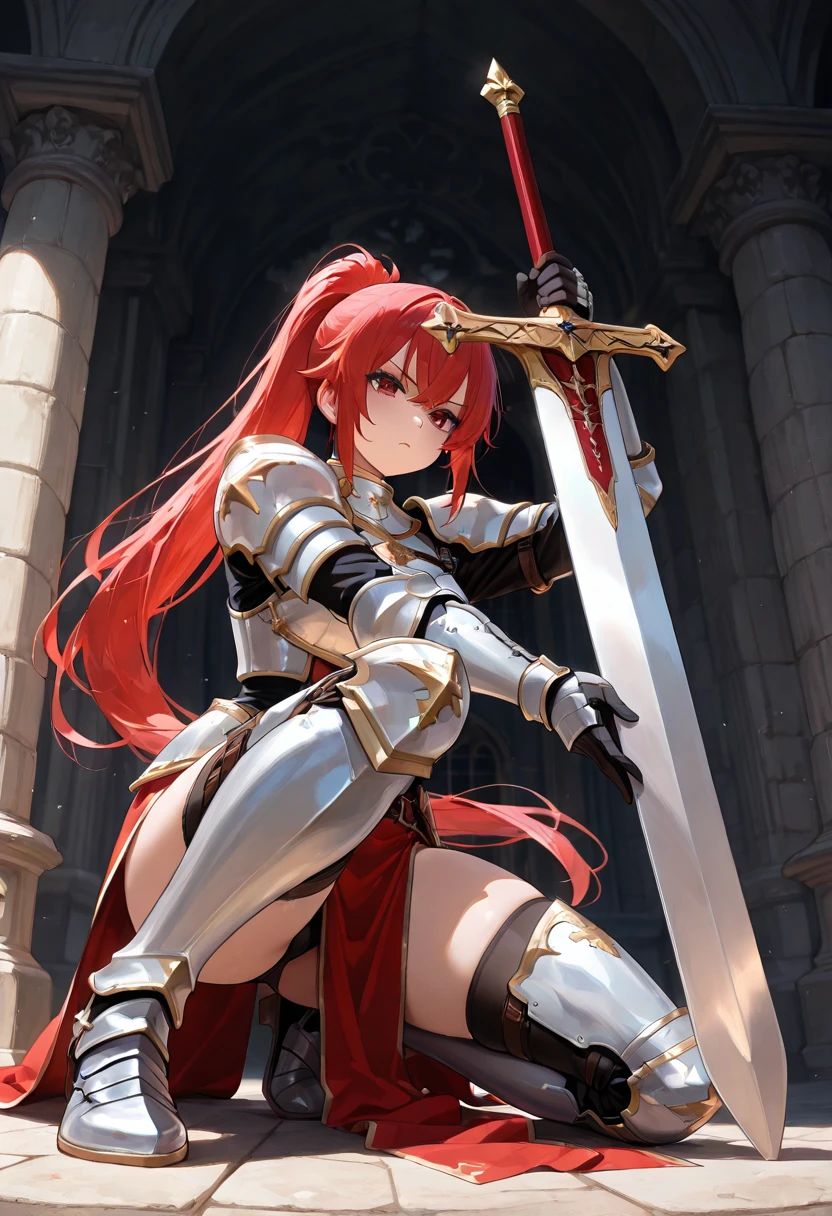 1girl, Crouching, Kneeling on one knee, from below, Holy Knight costume ...