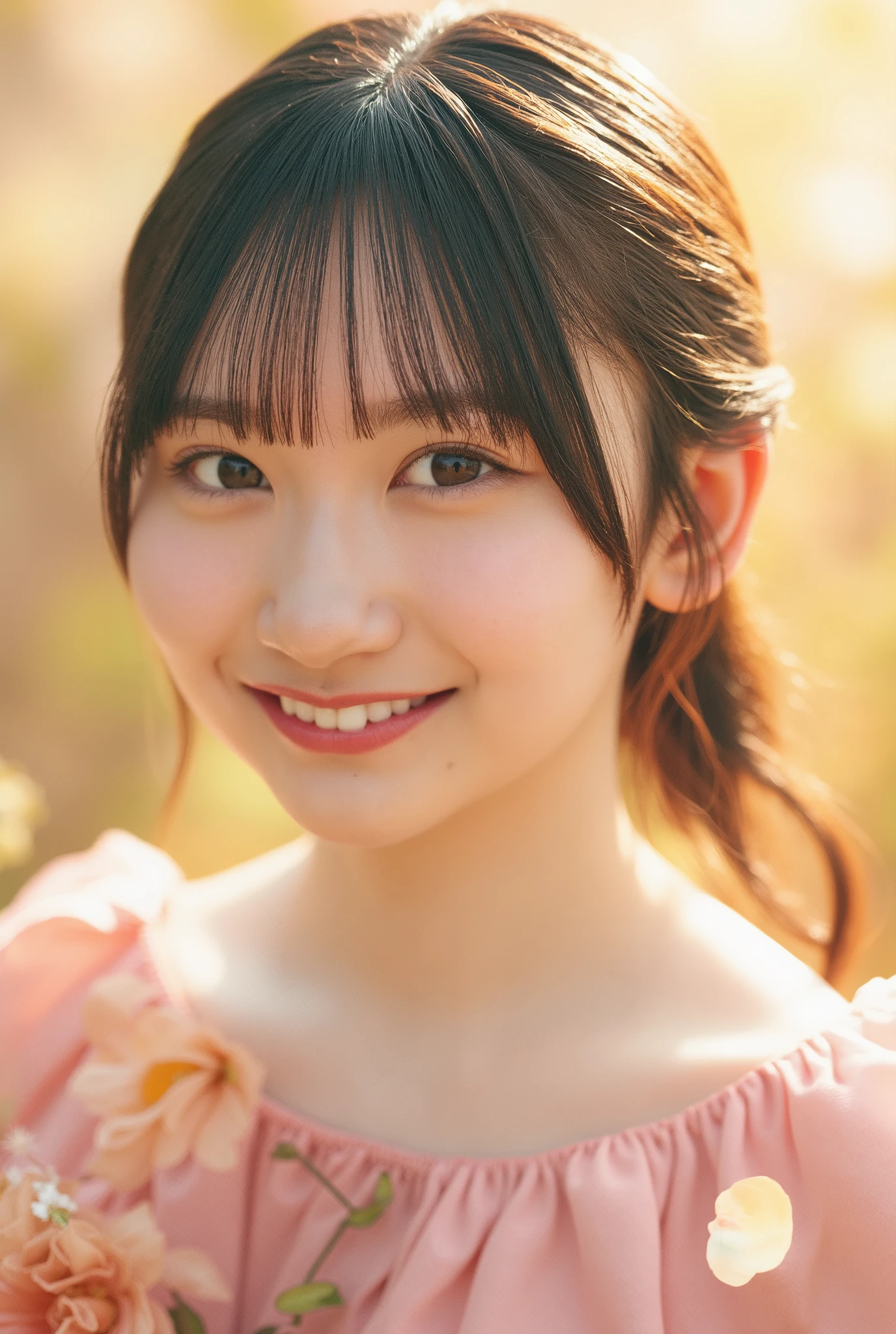 High quality, exquisite and realistic 4K 8K dreamy girl,delicate facial features,Calm look, elegant posture ,Warm smile,exquisite clothing,gentle light,Warm colors,Detailed realistic oil painting texture,Exquisite country landscape background,Petals flying all over the sky,Sunny garden,Quiet and peaceful atmosphere,Delicate and delicate character shapes,Dreamy and beautiful color harmony,Highly realistic oil painting texture,4k HD,8K Ultra HD only,Masterpiece,Photo-realistic,professional grade,vivid and gorgeous,Bokeh effect