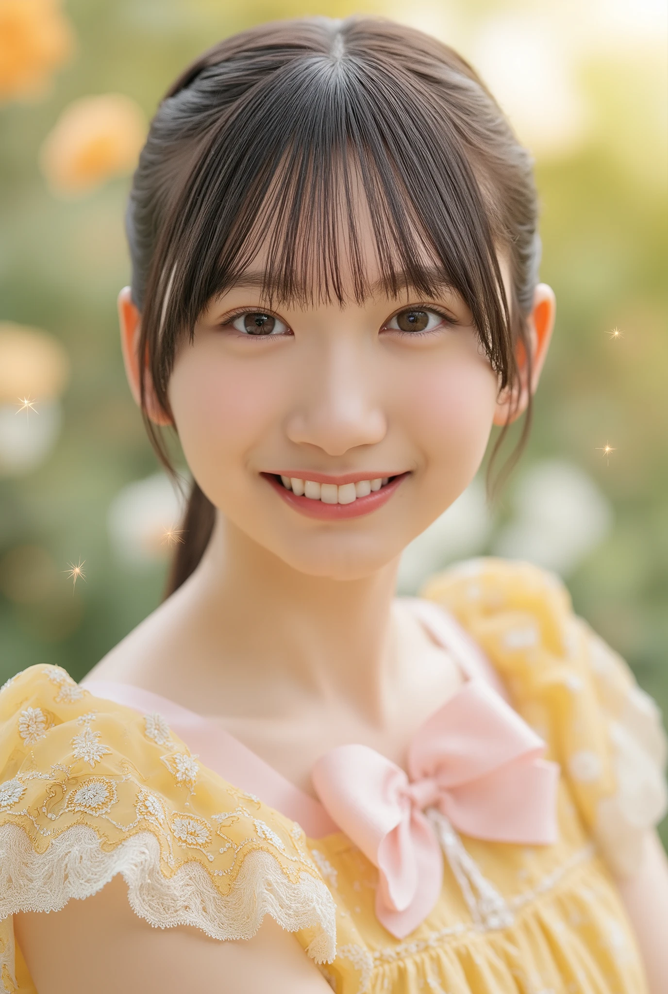 High quality, exquisite and realistic 4K 8K dreamy girl,delicate facial features,Calm look, elegant posture ,Warm smile,exquisite clothing,gentle light,Warm colors,Detailed realistic oil painting texture,Exquisite country landscape background,Petals flying all over the sky,Sunny garden,Quiet and peaceful atmosphere,Delicate and delicate character shapes,Dreamy and beautiful color harmony,Highly realistic oil painting texture,4k HD,8K Ultra HD only,Masterpiece,Photo-realistic,professional grade,vivid and gorgeous,Bokeh effect