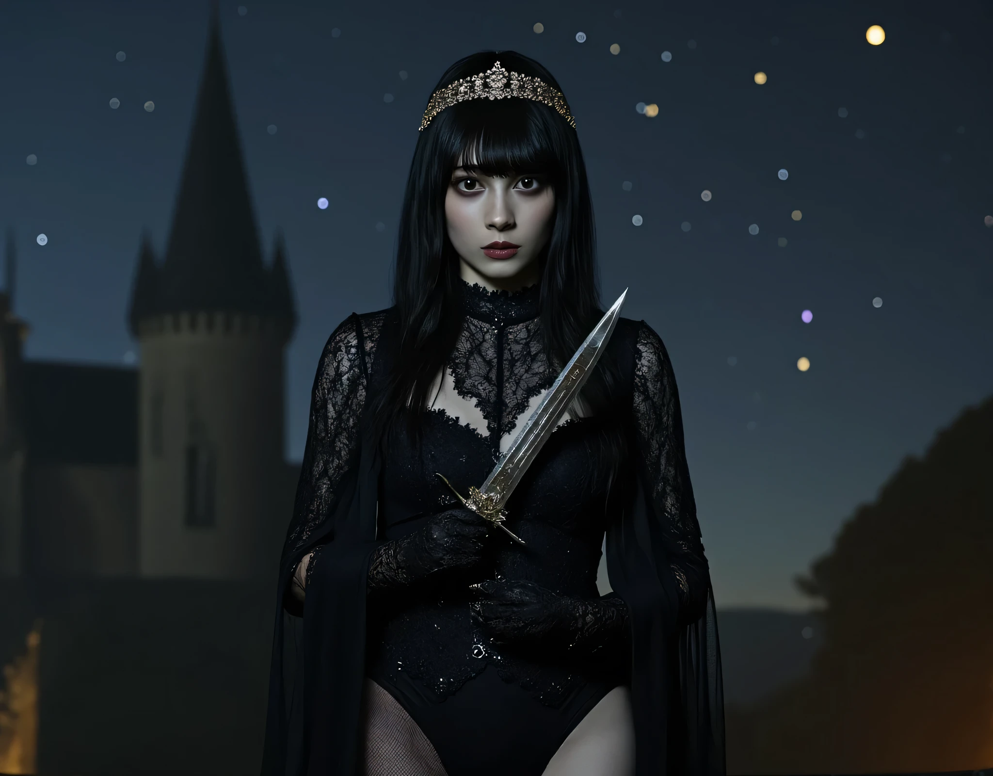 (((On the top floor of the Dark Castle:2.0))),((Night sky with constellations:2.0)),(((Dark horror atmosphere with a gothic feel:2.0))),(((Lift the large, shiny copper sword above your head with both hands:2.0))), standing,((GROUND VIEW:2.0)),looks up at the night sky,One female ghost,((super cute face:2.0)),(Beautiful well-balanced face :2.0),((long hair with bangs:2.0)),(black hair:1.5),(beautiful eyes:1.5),A glamorous shot of a 20-year-old Japanese woman, Slender Beautiful Body ,((model body type:2.0)),((slim body:1.7)),perfect body line,ideal proportions,((big on the floor:2.0)),((スリーサイズ90-58-86:2.0)),((G cup breasts:2.0)), popup,((((Underboob:2.0)))),Bare thighs,Sensual Thighs,delicate body,(Glutinous Flesh:1.7),harmonious posture,((Realistic breast depiction :1.7)),Carefully depicting limbs based on perfect anatomy,((super high-leg leotard in the style of the king of darkness with a copper sword:2.0)),((Super High Leg Leotard made of fitted lace:2.0)),((A long embroidered cloak with an open front over a hi-leg leotard:2.0)),(Black lipstick:2.0),((Wear a black lace short veil over your head:2.0)),((((Coarse mesh fishnet stockings:2.0)))),(((Copper crown:2.0))),concept art,(top quality:2.0),(masterpiece:2.0),((超high definition:2.0)),high definition,UHD,(Delicate Description), carefully drawn with butterfly wings ,32k,((Realistic Skin Texture:1.5)),(((ultra-realistic:1.5))),carefully draw eyelashes,very detailed face,Highly detailed female hand, Sexy appearance ,very sensual,(Blurry Dim Backgrounds :1.5),professional photo shoot,(movie light:2.0),((Rembrandt-style lights:2.0)