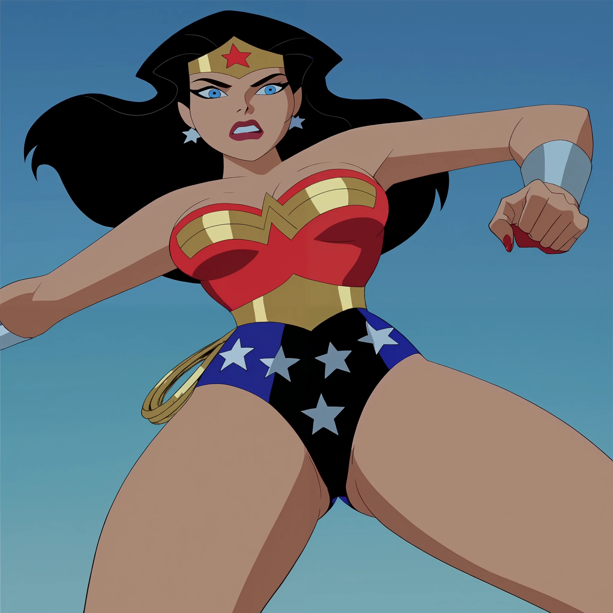 dianaprince, diana prince, blue eyes, black hair, 1 girl, jewelry, star \(symbol\), star print, superhero, An expression of shame on his face, confusion, Desperation on the face, Knees clenched together, Tense posture, bites his lower lip, anatomically correct, Realistic, side-view,(((barefoot, 5 toes, black toe nails, Focus full body, tied ankles together, tied arms ))),and