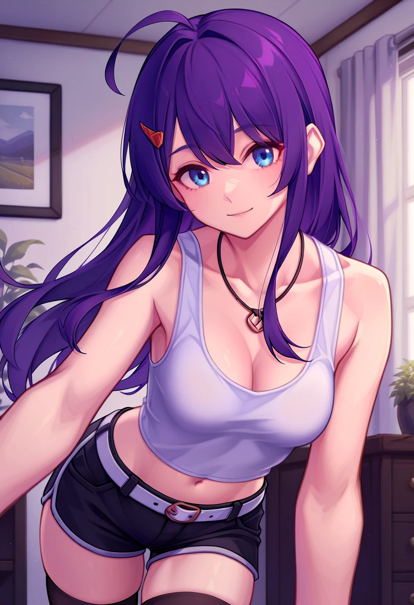 masterpiece, best quality, highres, detailed face, face focus, anime coloring,
hitagisenjougahara,  1girl, solo, breasts, looking at viewer, ponytail, scrunchie, open mouth, blue eyes, medium breasts, cowboy shot, senjougahara hitagi,
two-tone t-shirt, pom-pom pants,
house, living room,
<lora:hitagi-senjougahara-v6:1>