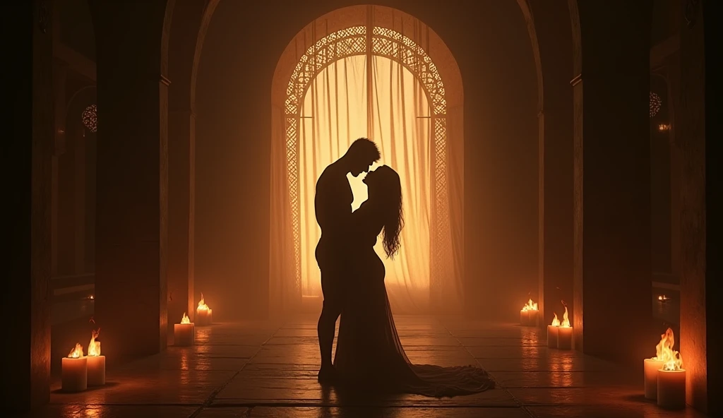 A naked young man and woman making love lying in an ancient cave lit with candles