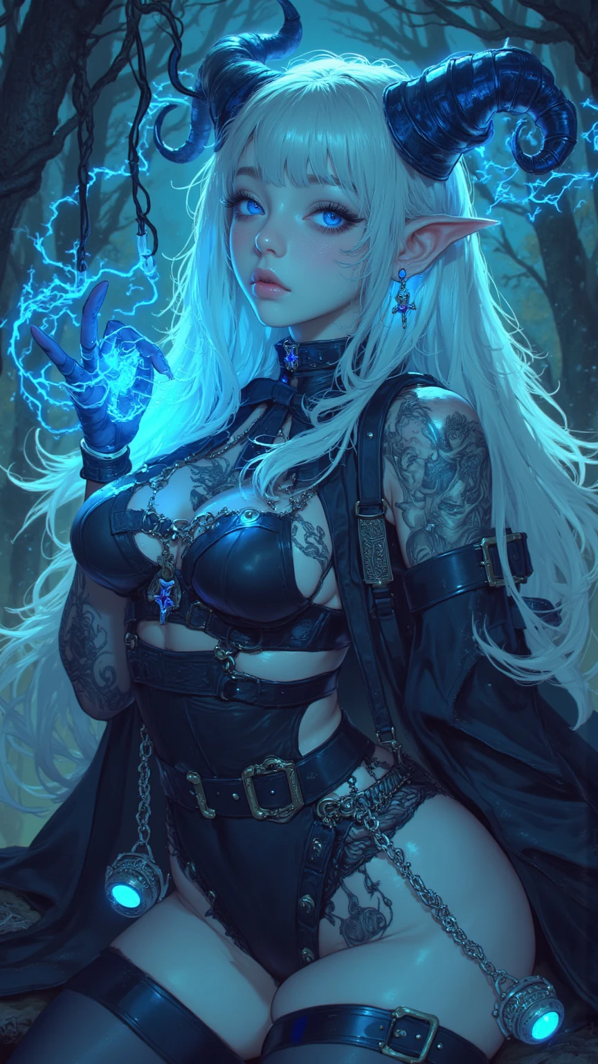 (Dark Elf Witch), the face of Zendaya:Dua Lipa, pointy ears, grey skin, white hair, (High Top Fade Haircut), (a braid on one side of the head), masterpiece, dark forest in the background, Nebula, in the night time, Full moonlight, 8k, detailed digital art, Piercings.